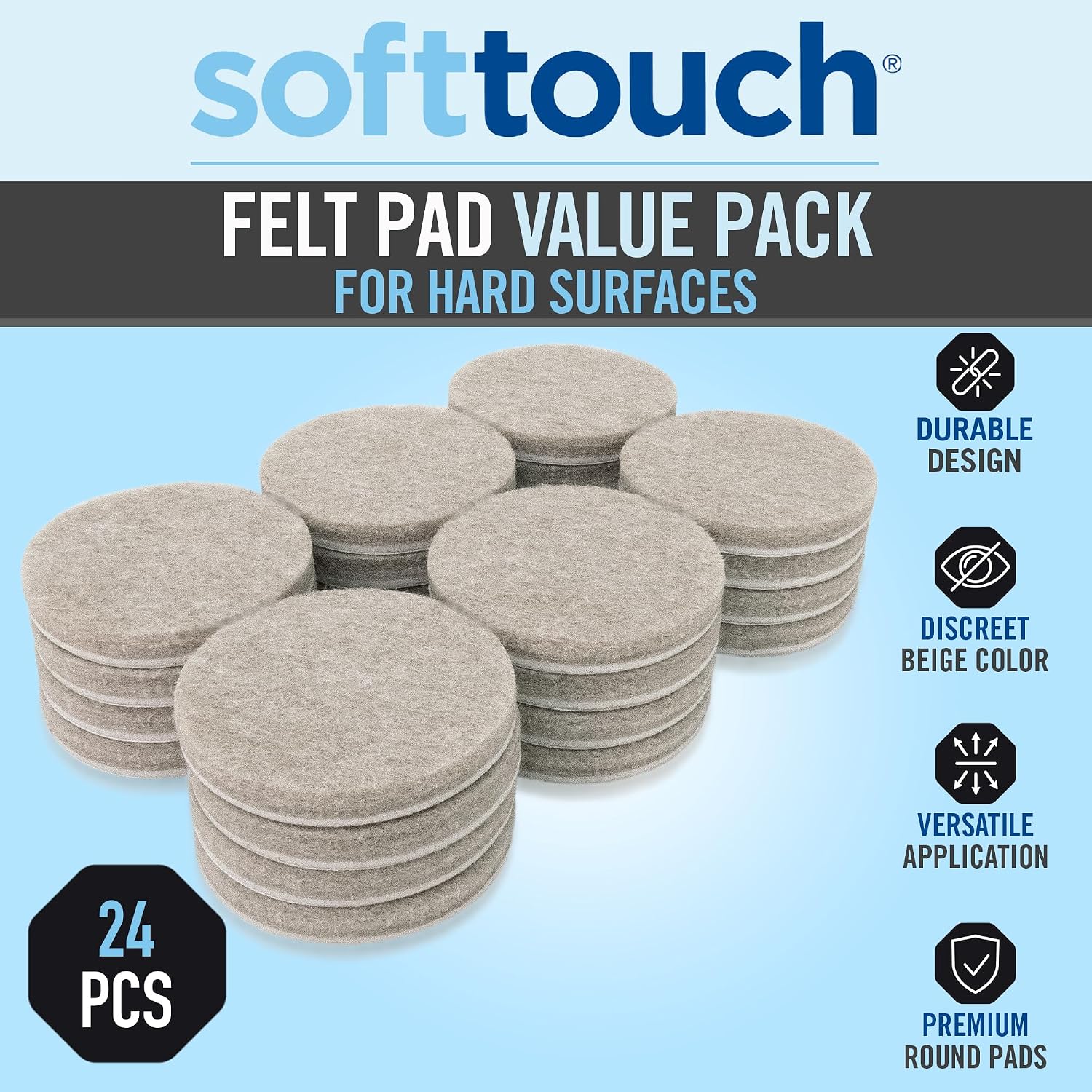 softtouch 1 1/2" Round Heavy Duty Felt Furniture Pads for Hardwood, Brown (24 Pack)