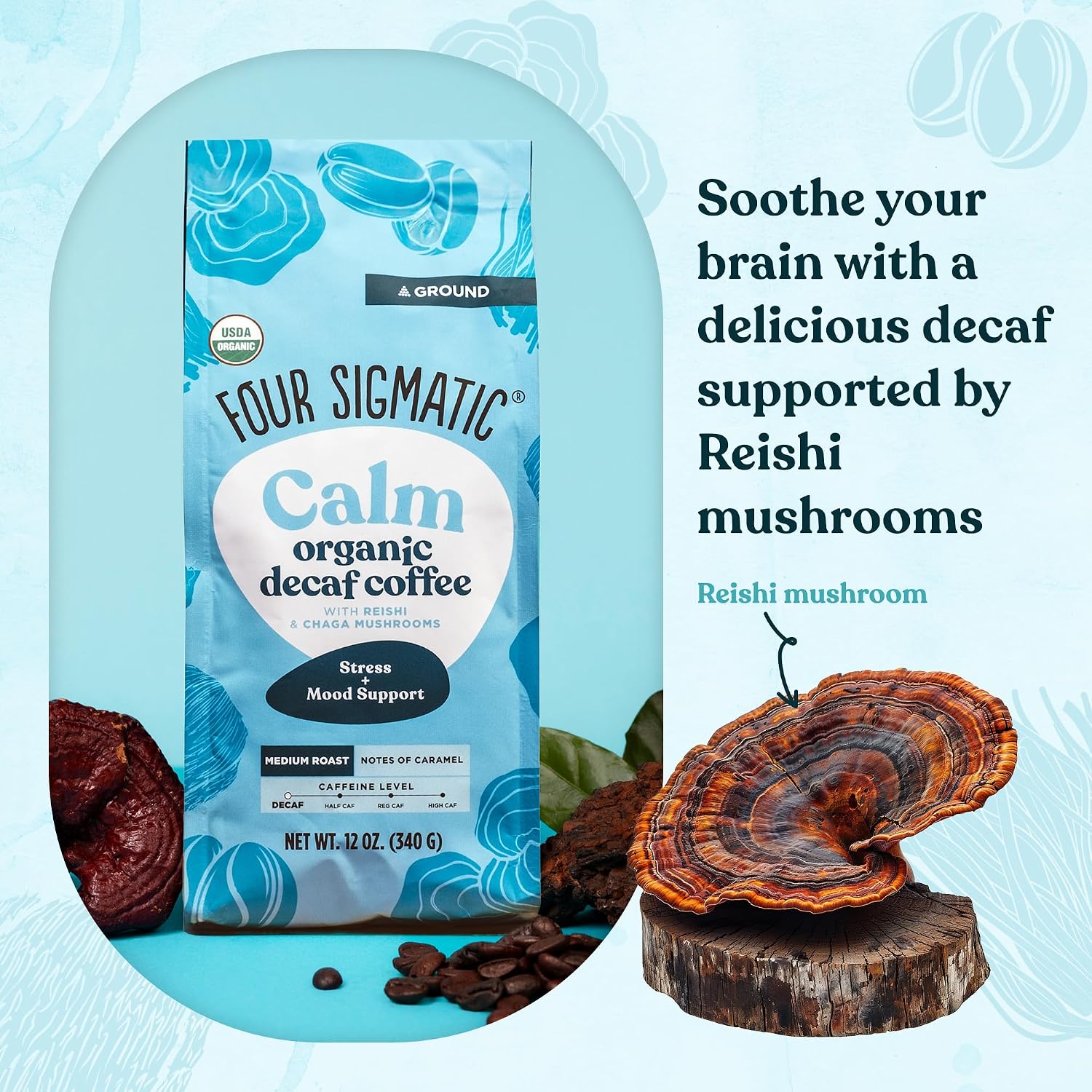 Four Sigmatic Organic Focus Mushroom Ground Coffee | Dark Roast, Organic Coffee with Lion's Mane & Chaga Mushroom for Mental Clarity & Energy Support | 12oz Bag