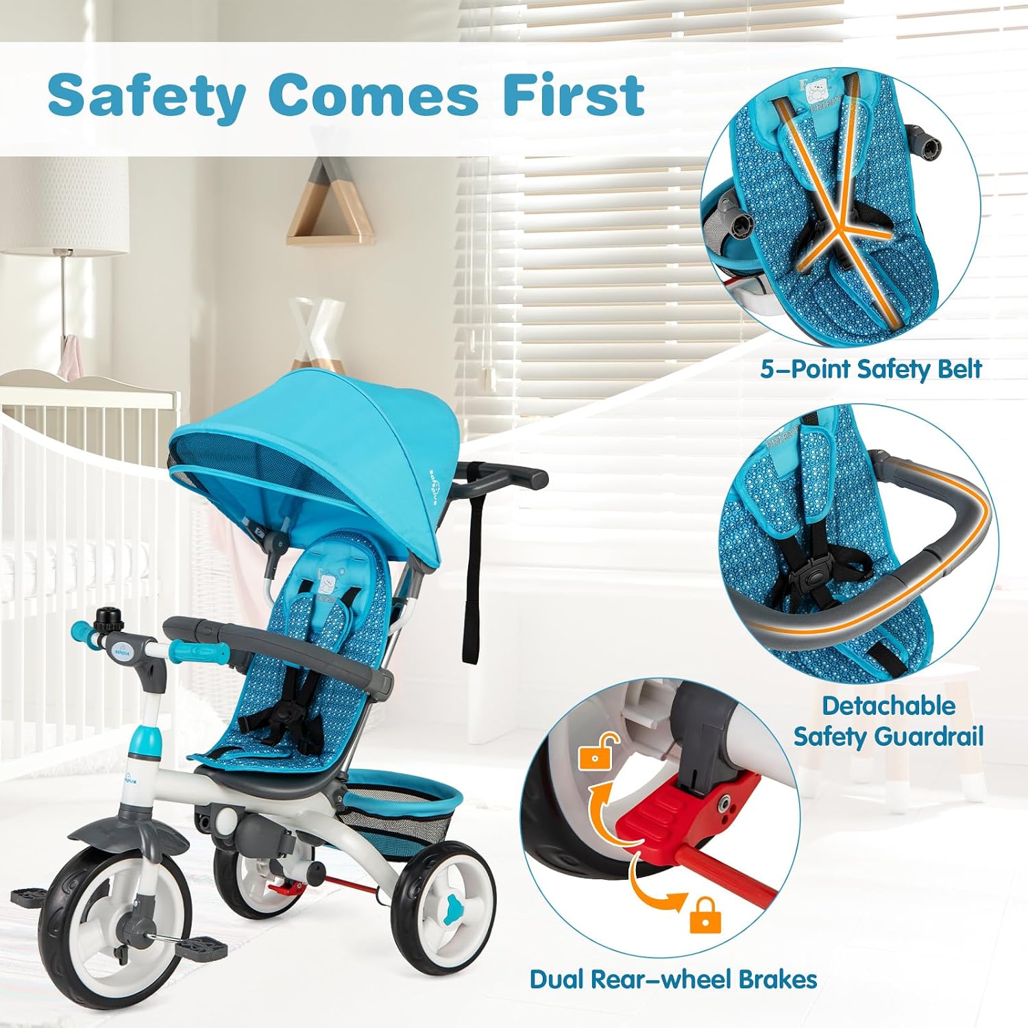 Costzon Tricycle for Toddlers, 6 in 1 Trike w/Parent Handle, Adjustable Canopy, Storage, Safety Harness & Wheel Brakes, Baby Push Tricycle Stroller for Kids Boys Girls Aged 9 Month-5 Years Old, Blue