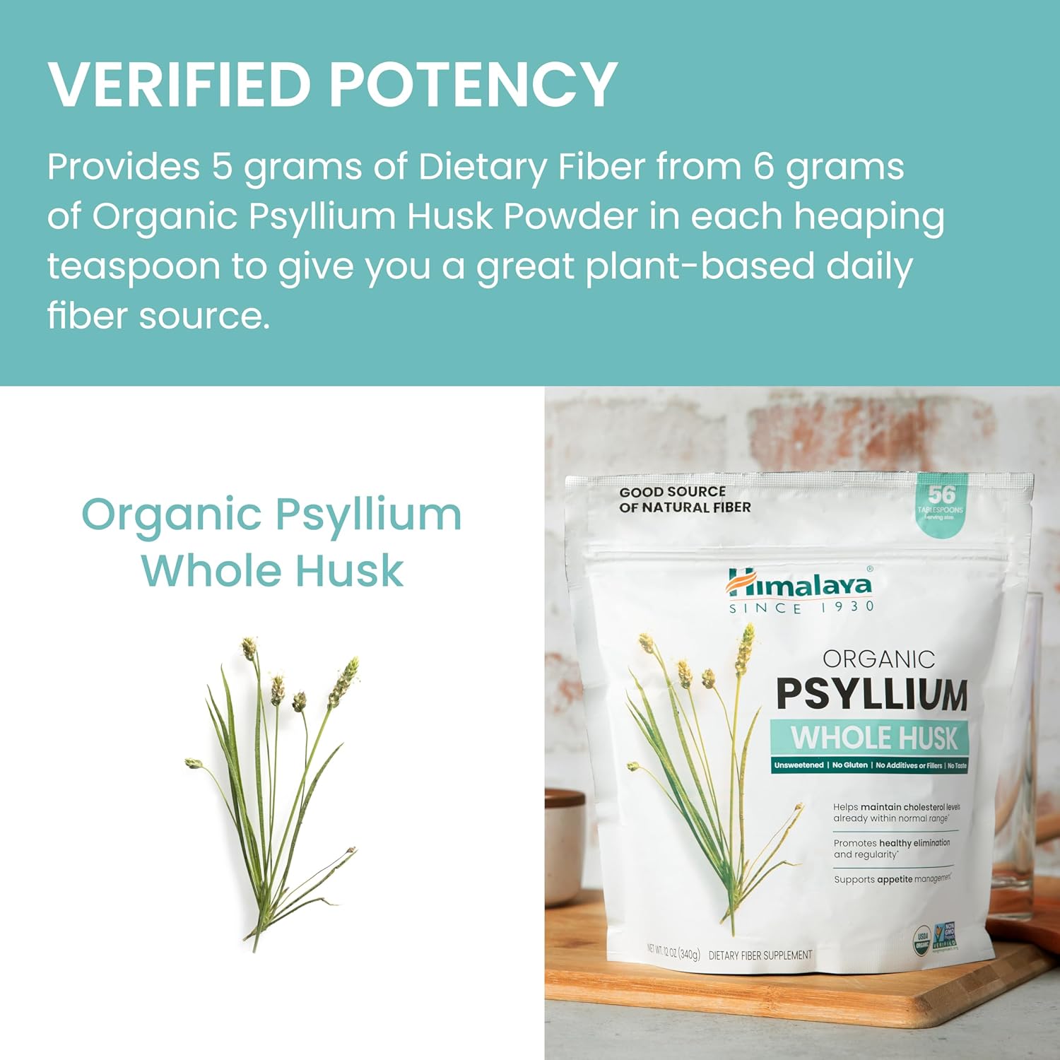 Himalaya USDA Organic Psyllium Whole Husk Powder, Natural Daily Fiber Supplement, Regularity, Appetite Management, Non-GMO, 56-Tablespoon Supply, Unflavored, 12 Oz