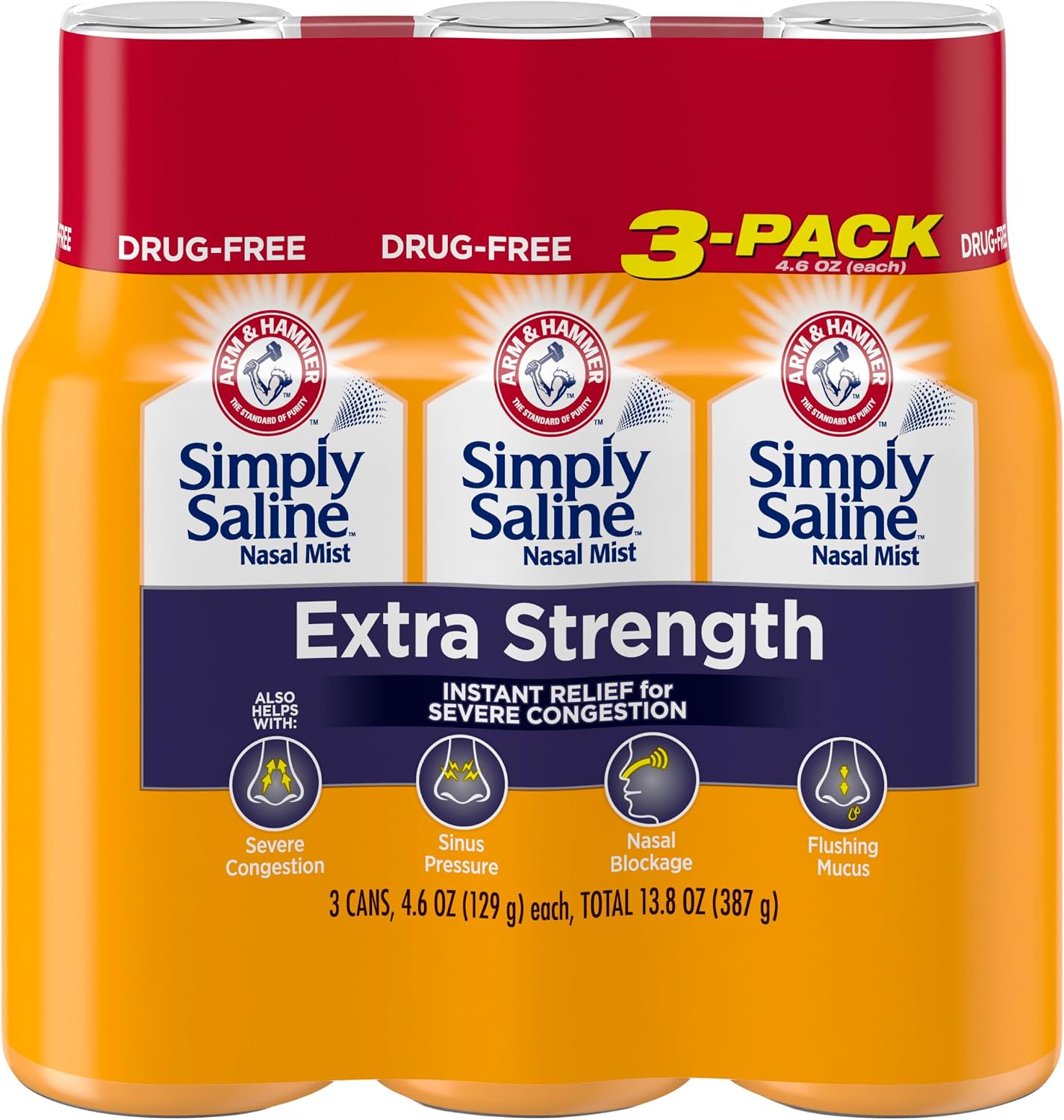 ARM & HAMMER Simply Saline Extra Strength Nasal Mist, 4.6 oz, 3-Pack | Severe Congestion Relief