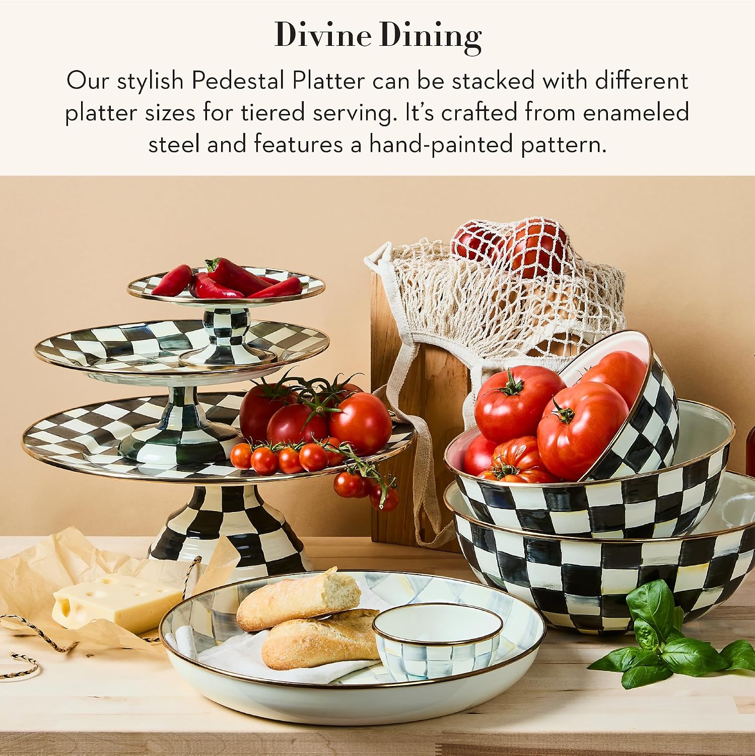 MACKENZIE-CHILDS Pedestal Platter, Mini, Black-and-White Courtly Check | Hand-painted design, made from enameled steel, stackable round cake stand for serving desserts, 8" dia. x 3" H