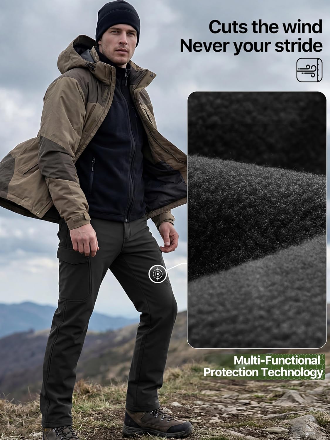 FREE SOLDIER Men's Outdoor Softshell Fleece Lined Cargo Pants | Snow Ski Hiking Pants with Belt, Waterproof Winter Pants, Insulated Work Pants, Breathable Windproof Insulated Pants
