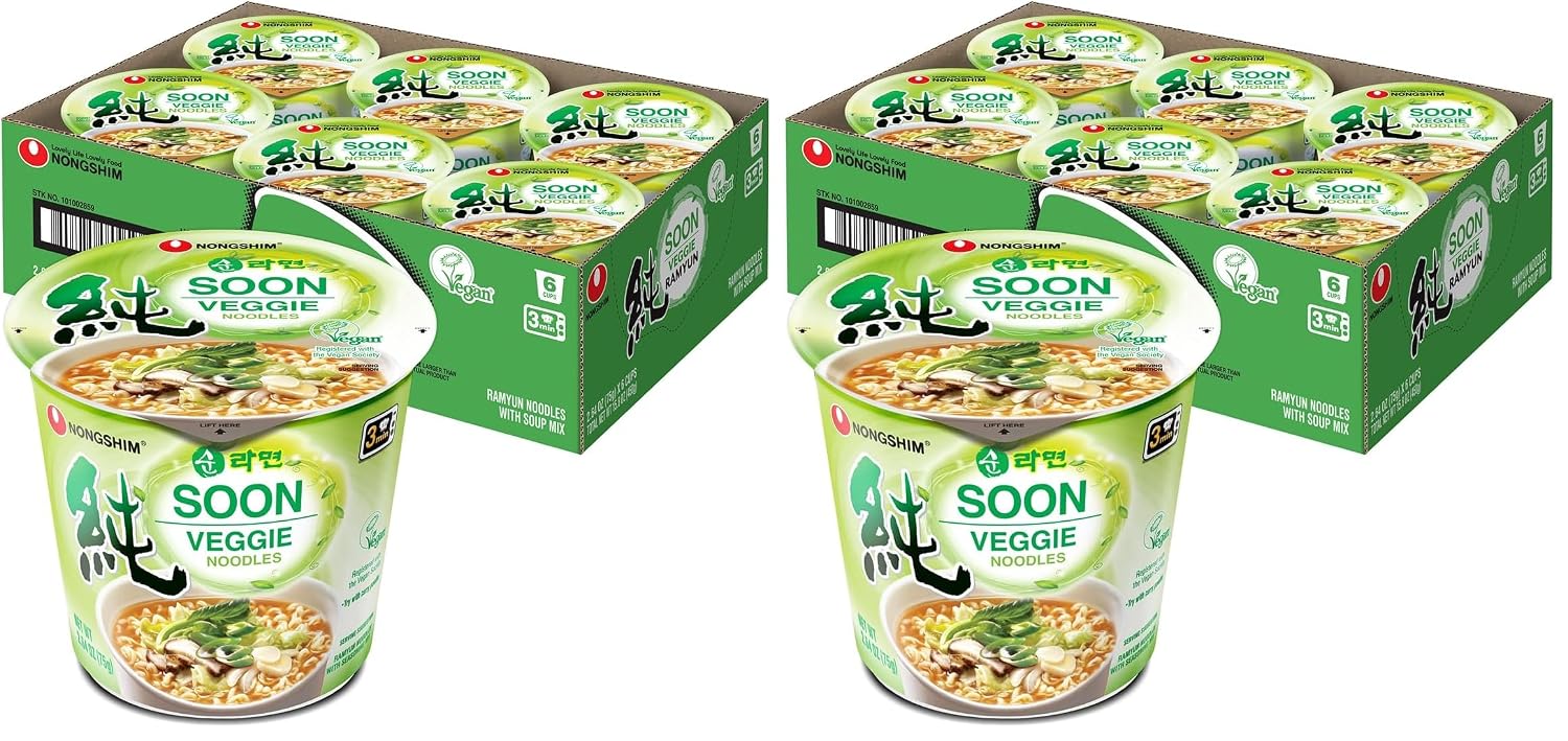 Nongshim Soon Veggie Ramyun Noodles, Signature Korean Instant Ramyun, Vegetable Flavored Broth, Vegan Noodles, Quick & Easy, Microwaveable Cup, 2.64 oz (Pack of 6)