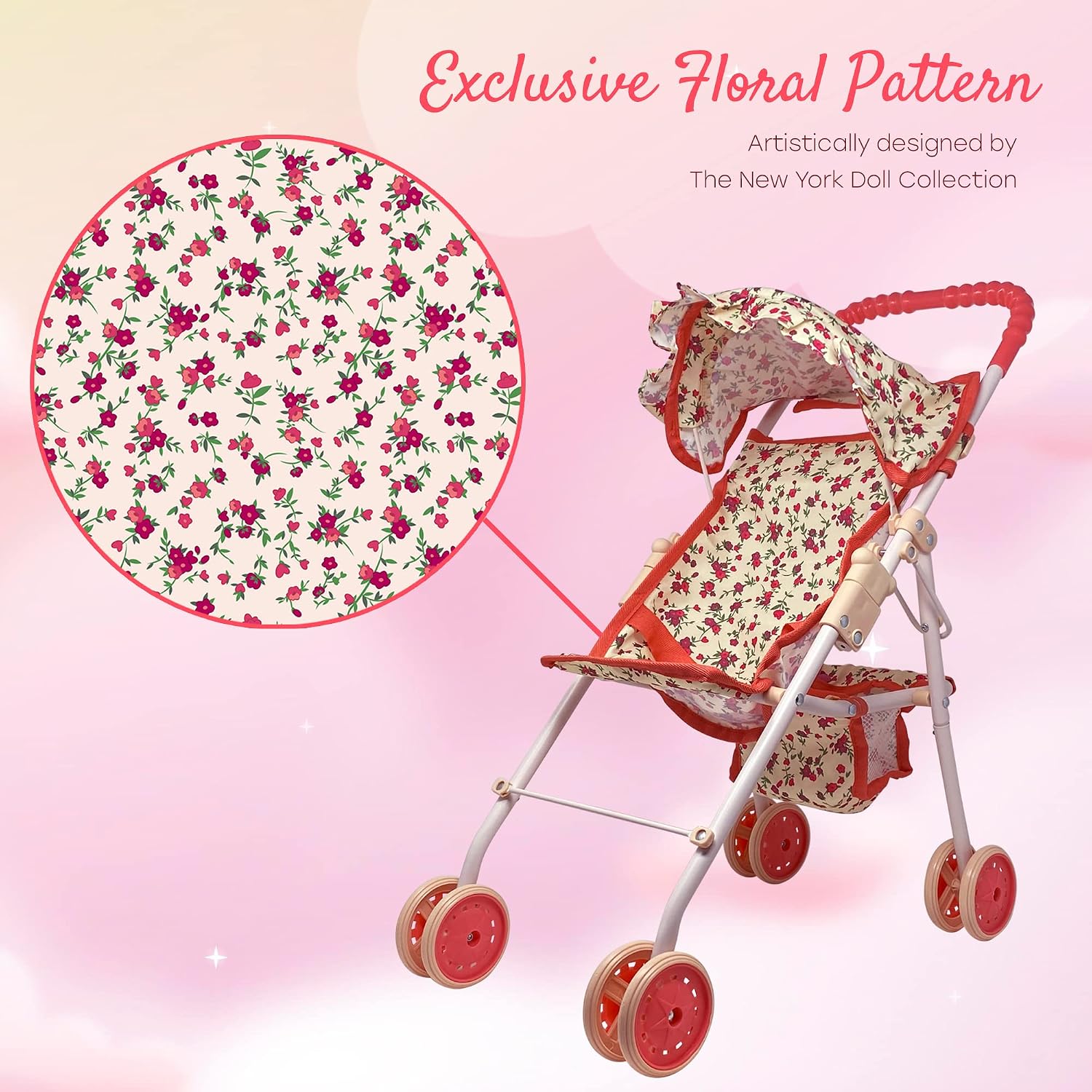 The New York Doll Collection My First Doll Stroller with Basket & Heart Design Foldable Doll Stroller, Pink