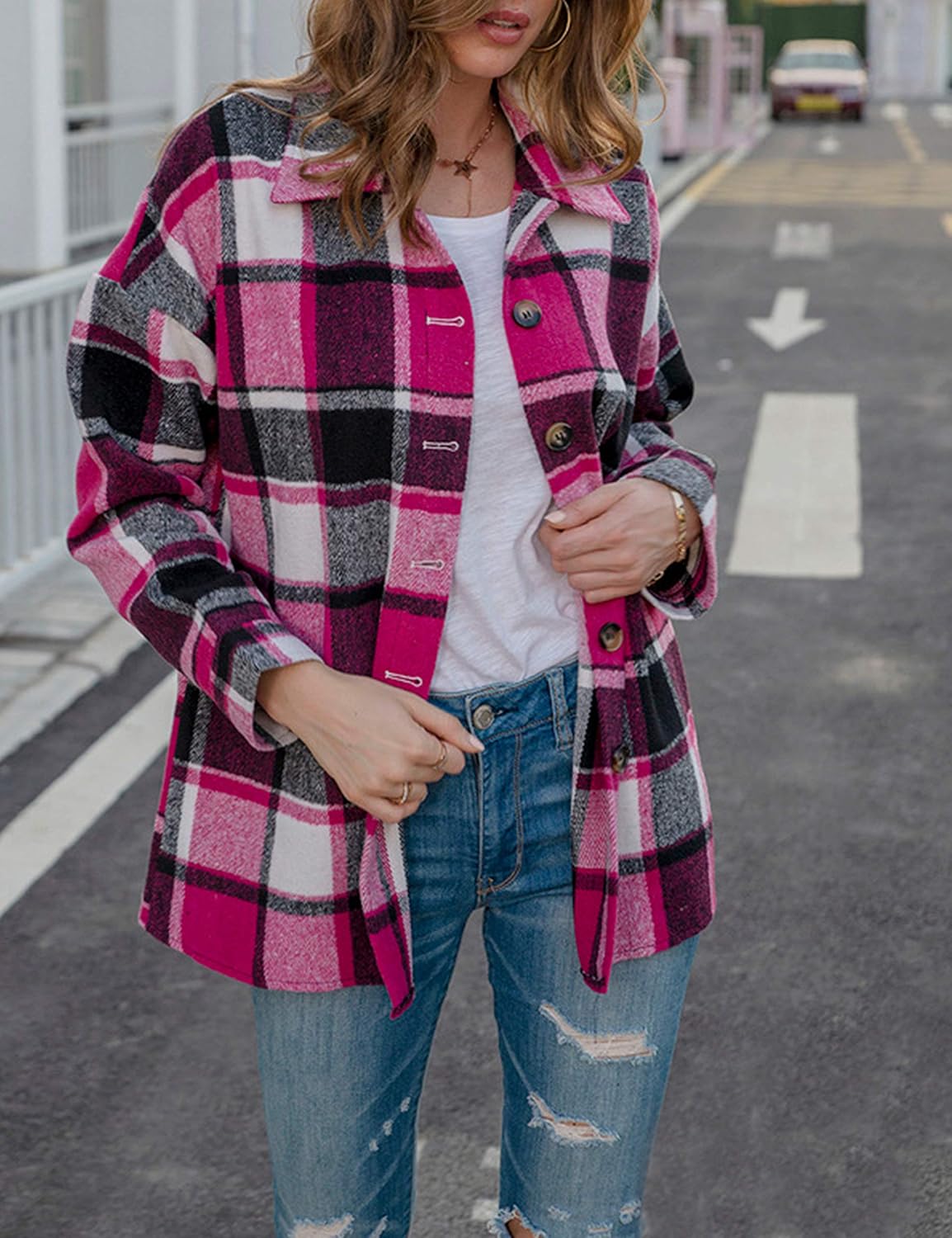 Yeokou Women's Plaid Flannel Shacket Oversized Button Down Long Sleeve Shirt Jacket Casual Spring Fall Outfits