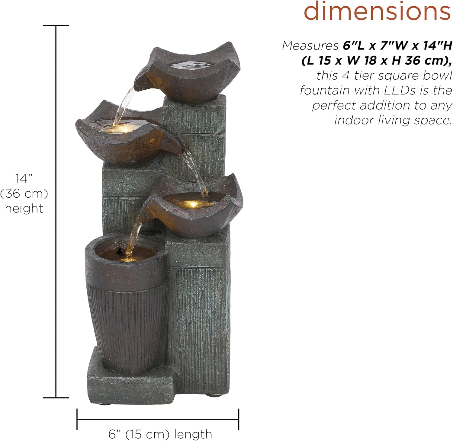 Alpine Corporation WIN326 Indoor Tabletop Light-Up Tiered Rainforest Tree Trunk Water Fountain with LED Lights, 11", Brown