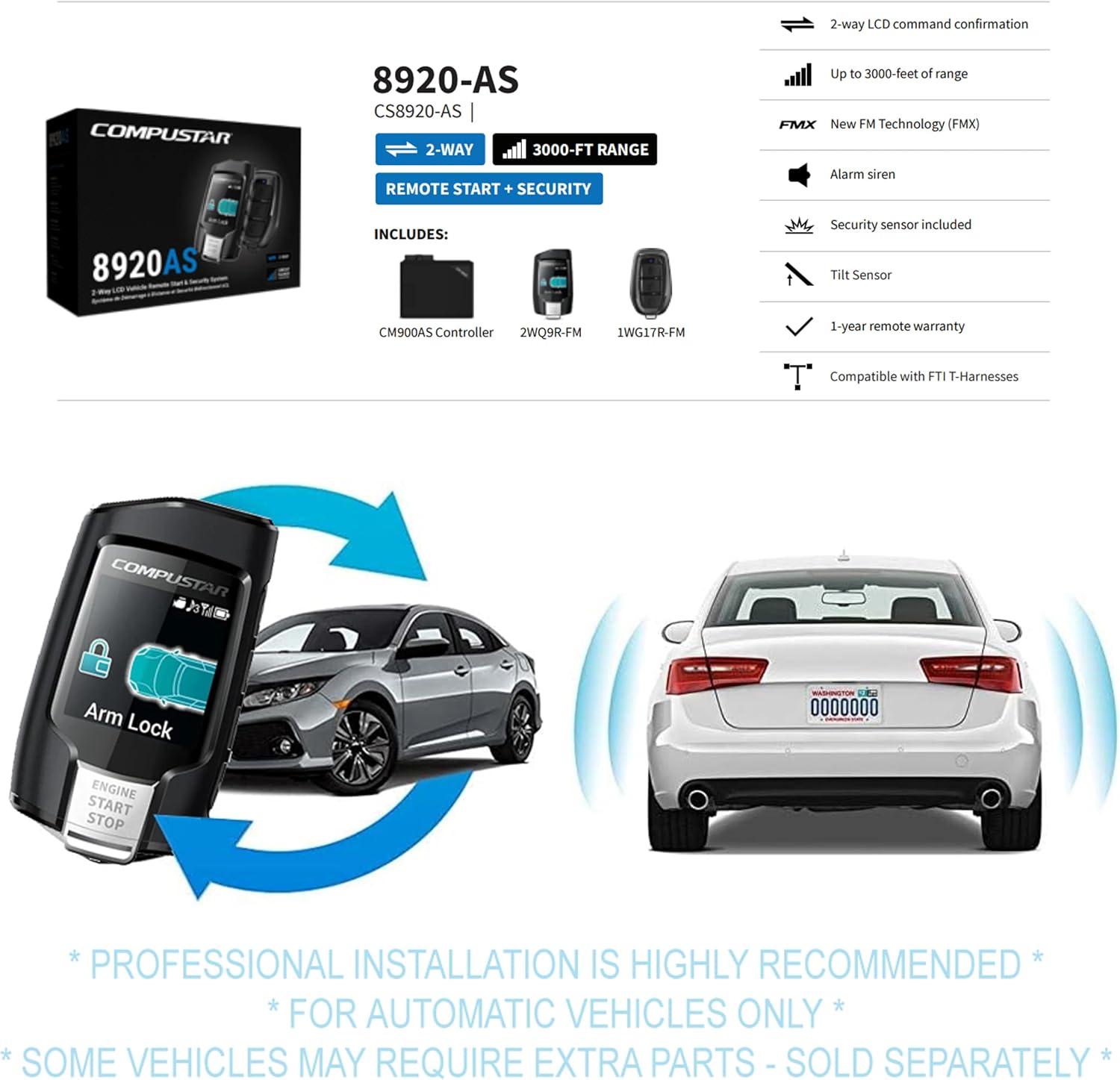 Compustar All-in-One CS8920-AS 2-Way Interactive LCD Remote Starter Kit & Alarm System (Up to 3,000-FT Range)