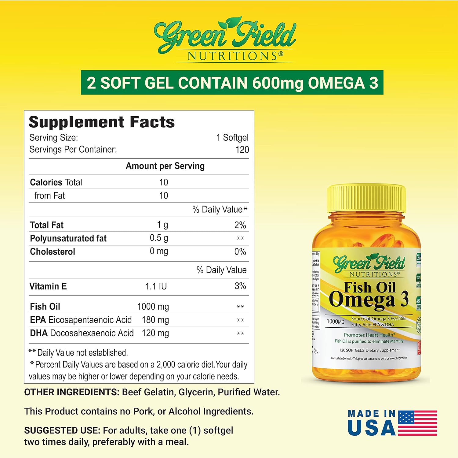 Greenfield Nutritions Halal Fish Oil 1000mg, 300mg Halal Omega 3, Small Wild Peruvian Fish Oil Halal Vitamins, EPA 180 mg & DHA 120mg, Non-GMO
