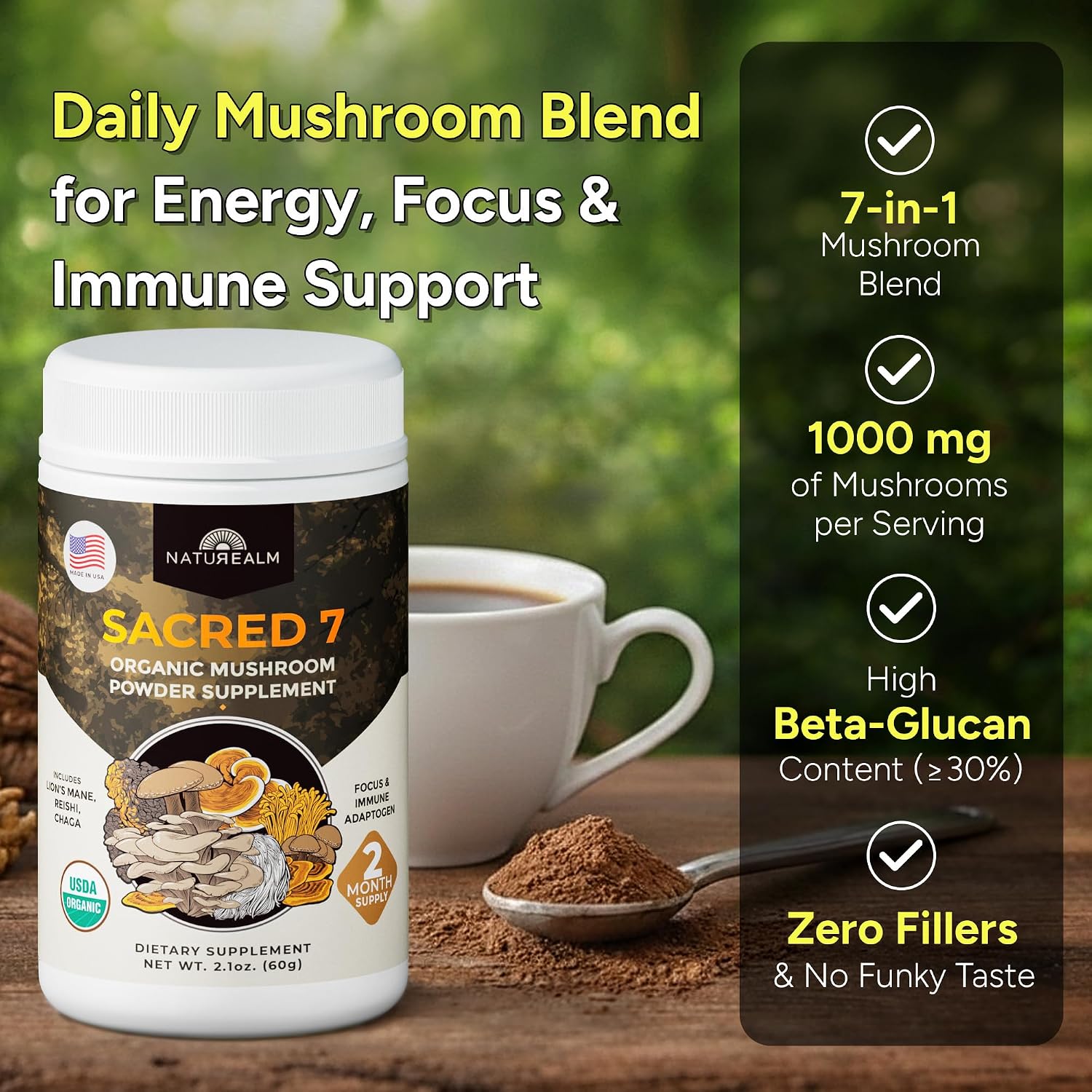 Sacred 7 Brain Mushroom Powder, Organic 7-in-1 Blend 226 Servings | Seven fruiting body extracts, lions mane cordyceps reishi, stirs into coffee or smoothies, 1000 mg scoop