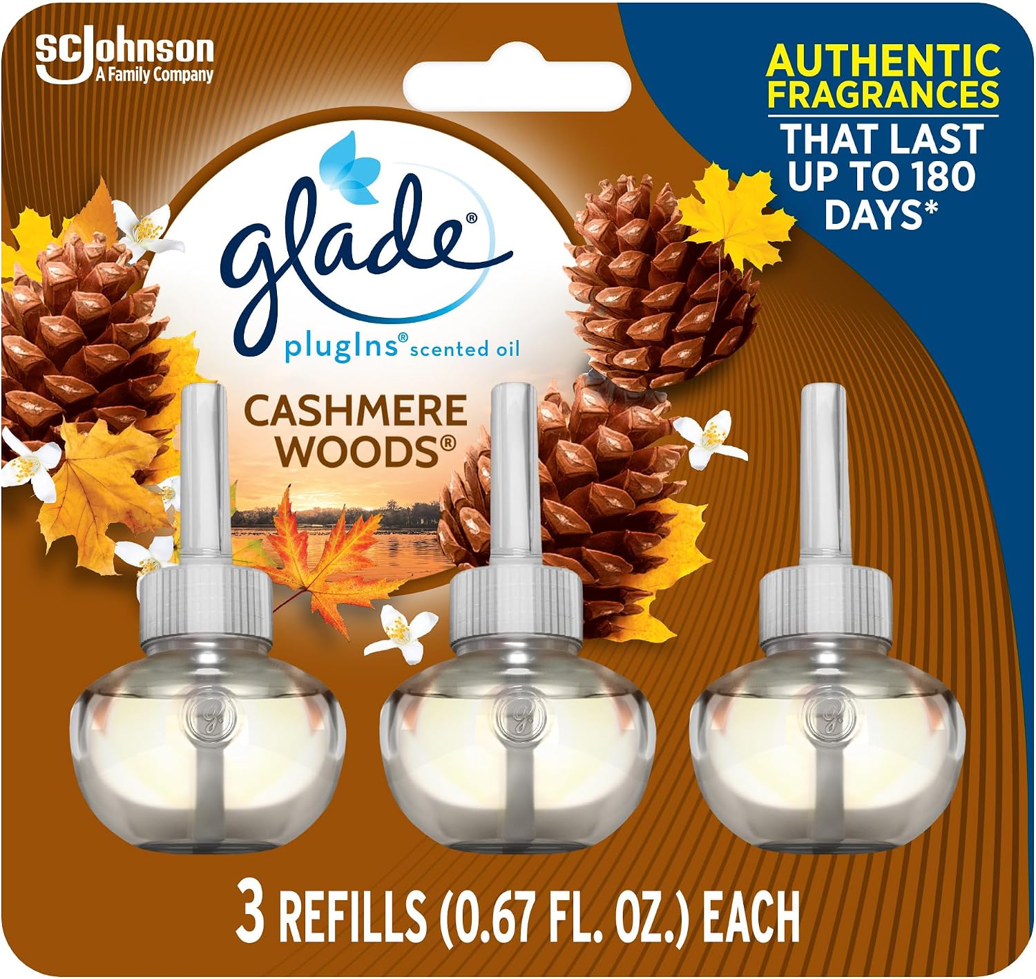 Glade PlugIns Refills Air Freshener, Scented and Essential Oils for Home and Bathroom, Cashmere Woods, 2.01 Fl Oz, 3 Count