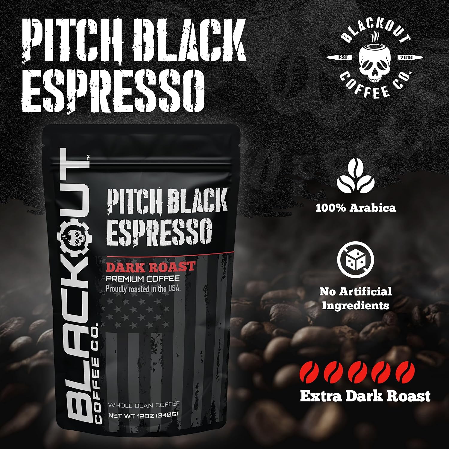 Blackout Coffee Pitch Black Espresso Whole Bean Coffee – Extra Dark Roast, European-Style, Powerfully Bold – Freshly Roasted 12oz Bag.
