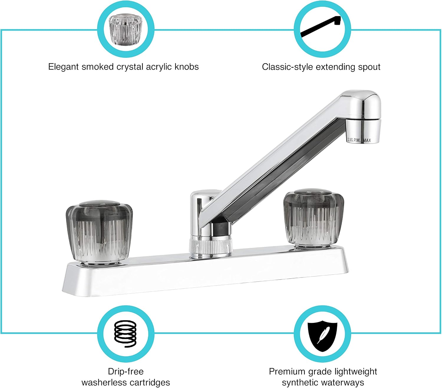 Dura Faucet DF-PK600S-BQ RV Two Handle Kitchen Sink Faucet (Bisque) | Smoked acrylic knobs give smooth, precise control of flow. Bisque Parchment. Plated ABS plastic (not metal).