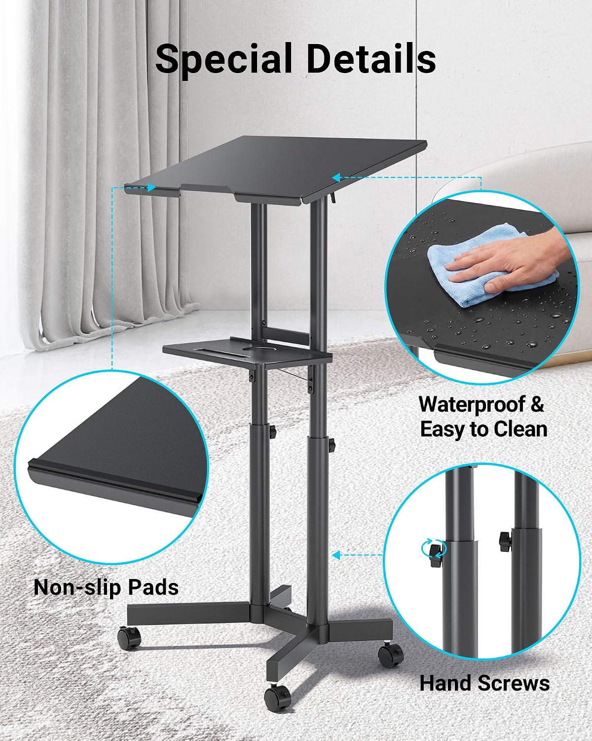 BONTEC Lecterns & Podiums Portable Mobile Standing Laptop Desk, Sit Stand | Height Adjustable, Home Office Classroom Pulpit Stand Up Desk Workstation, Rolling Table Laptop Cart with Storage Tray