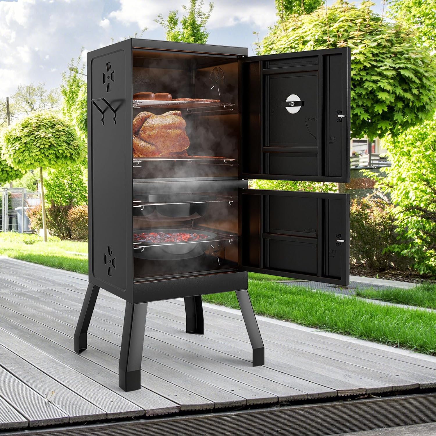 Charcoal Smoker Outdoor, Vertical BBQ Smoker with Thermostat, 2 Access Doors, 2 Cooking Grates, 2 Removable Pans & 4 Air Vents