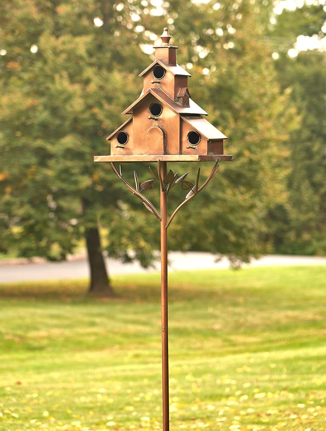 Large Copper Colored Multi-Birdhouse Stakes, Room for 4 Bird Families in Each (Cube Homes with Pyramid Roofs)