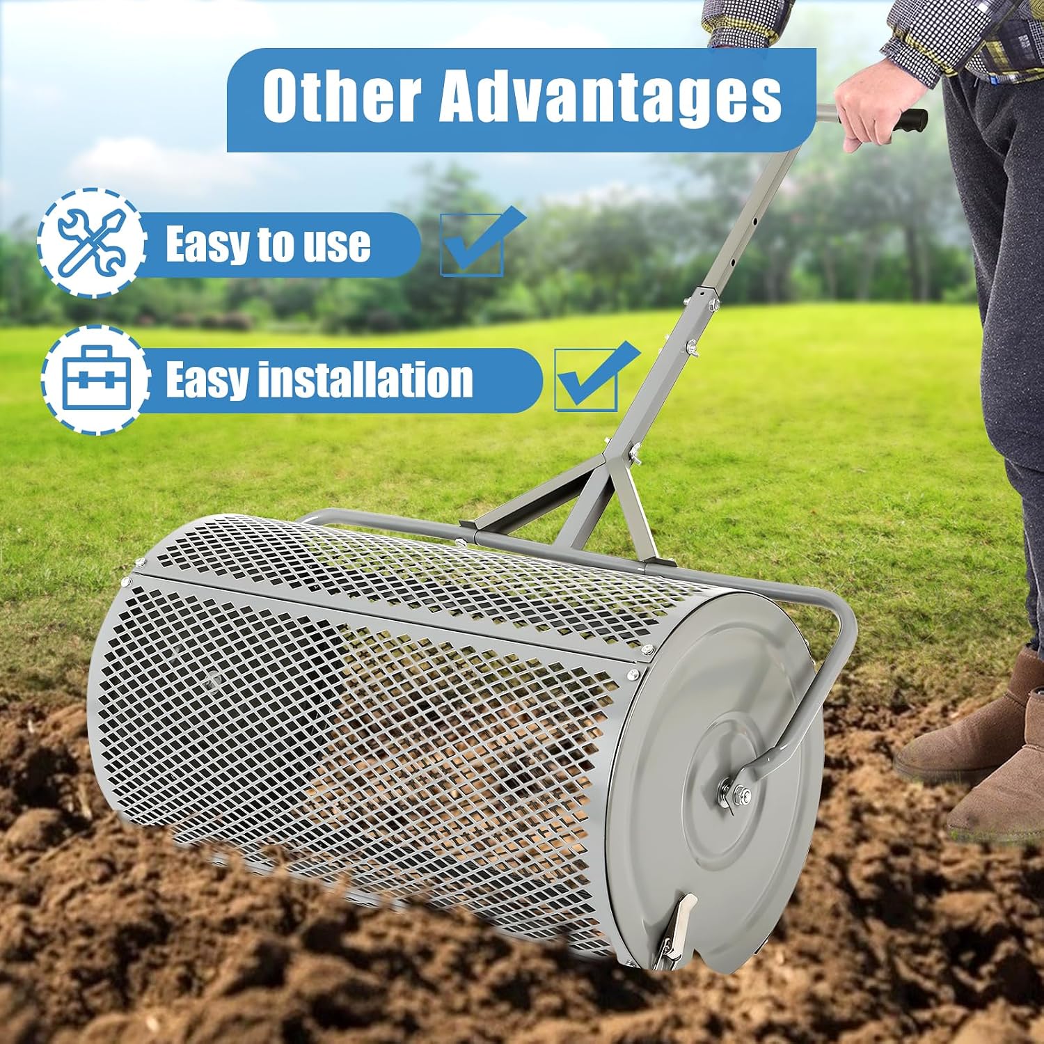 Dollate Large Compost Spreader for Lawn, 27" Spreader with Adjustble Handle Used in Garden Backyard, Durable Roller Spreader for Yard Work Grey