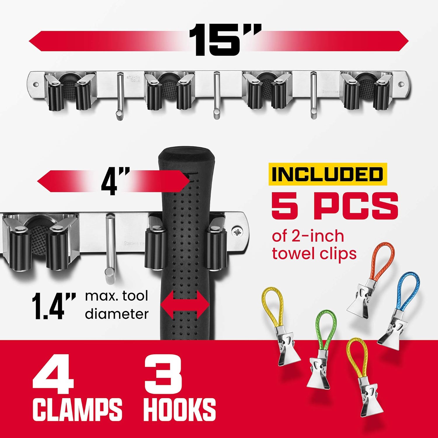 Wall Mount Hanger for Brooms & Mops - Adhesive Stainless Steel Mops & Broom Holder, 4 Clamps, 3 Hooks