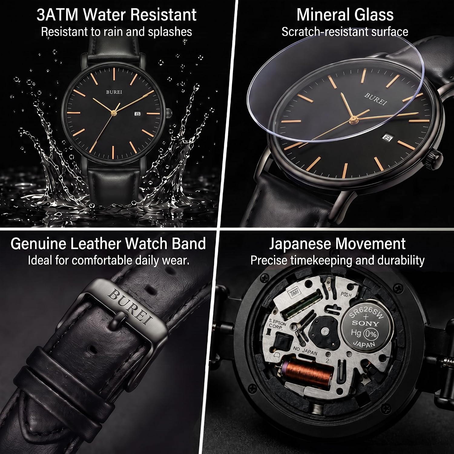 BUREI Men Wrist Watches Fashion Minimalist Thin Analog Quartz Waterproof Watches for Men, Refined Gifts for Men, Boyfriend, Husband, Dad