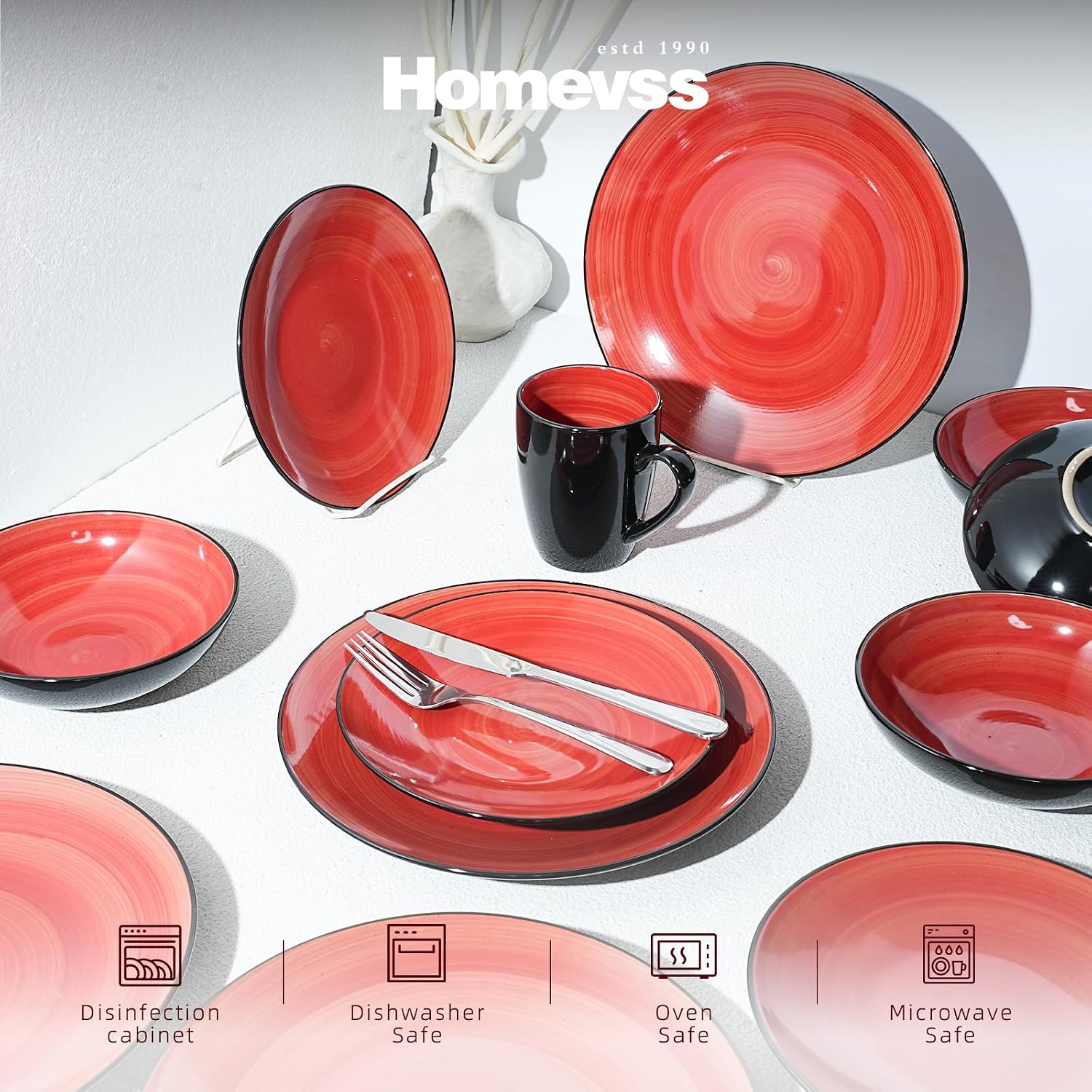 HomeVss, Sonoma Stoneware Dinnerware Set, Outside Black + Inside Hand Painting Color (16pc Set, Grey)