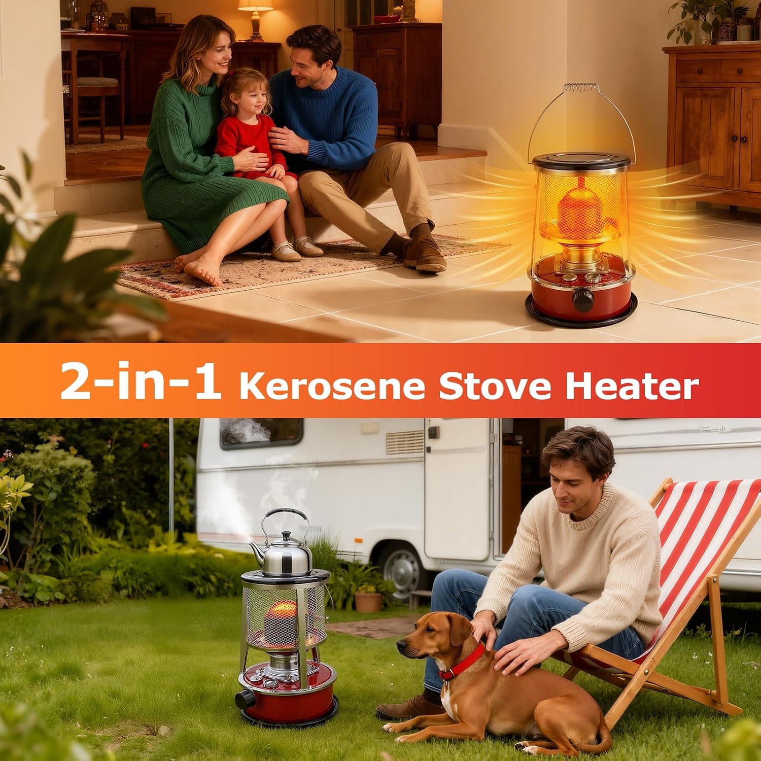 Indoor Kerosene Heater, Portable Kerosene Heater for Camping and Emergency, 9000 BTU 2400W Output with 1.21 Gallon Fuel Tank, 18–22 Hour Burn, 0.2–0.24L/H Consumption (Red)