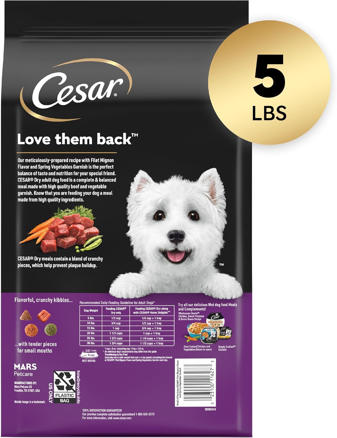 Cesar Small Breed Dry Dog Food, Chicken & Spring Vegetables Flavor, 5 lb | Made in USA, Real chicken #1 ingredient, 26 essential nutrients, supports small breed health, no artificial flavors
