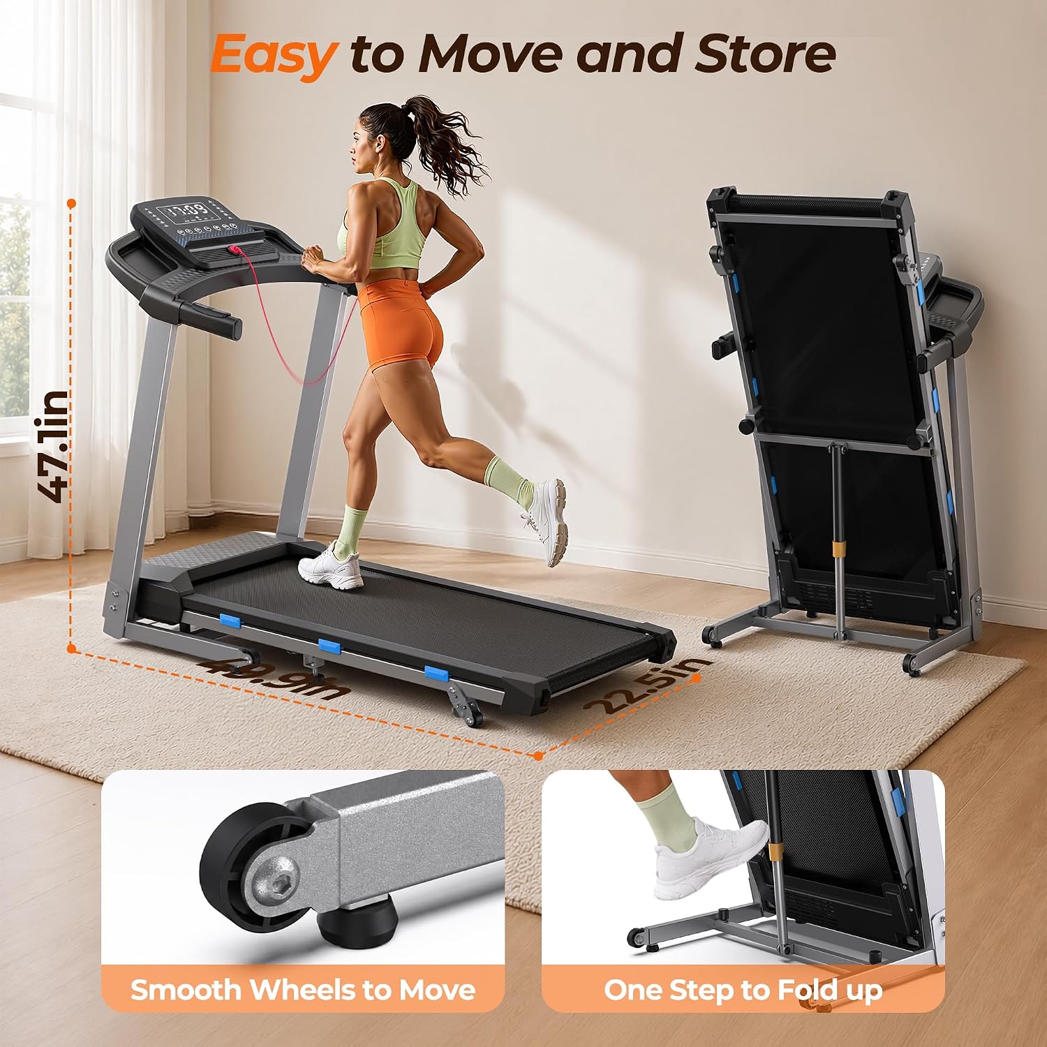 Cardirun Foldable Treadmills for Home with 10% Incline, 400 LBS Capacity | 3.5HP Quiet Running Treadmill, 40" x 16" Wide Belt, Max 7.6 MPH