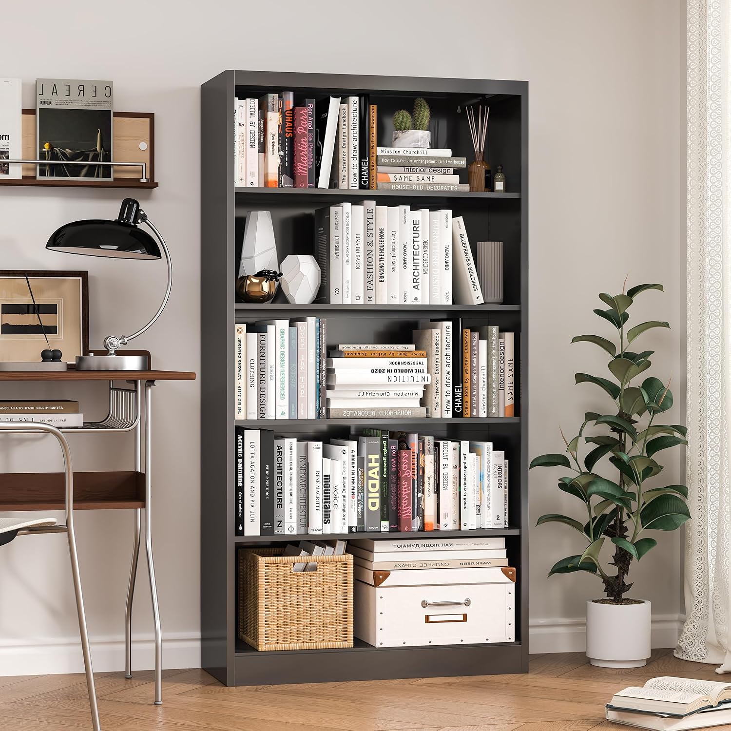 Bookcase,5 Tier White Bookshelves,66" Tall Free Standing Metal Bookcase with Adjustable Storage Shelves, Industrial Wide Bookshelf for Bedroom Living Room Home Office School