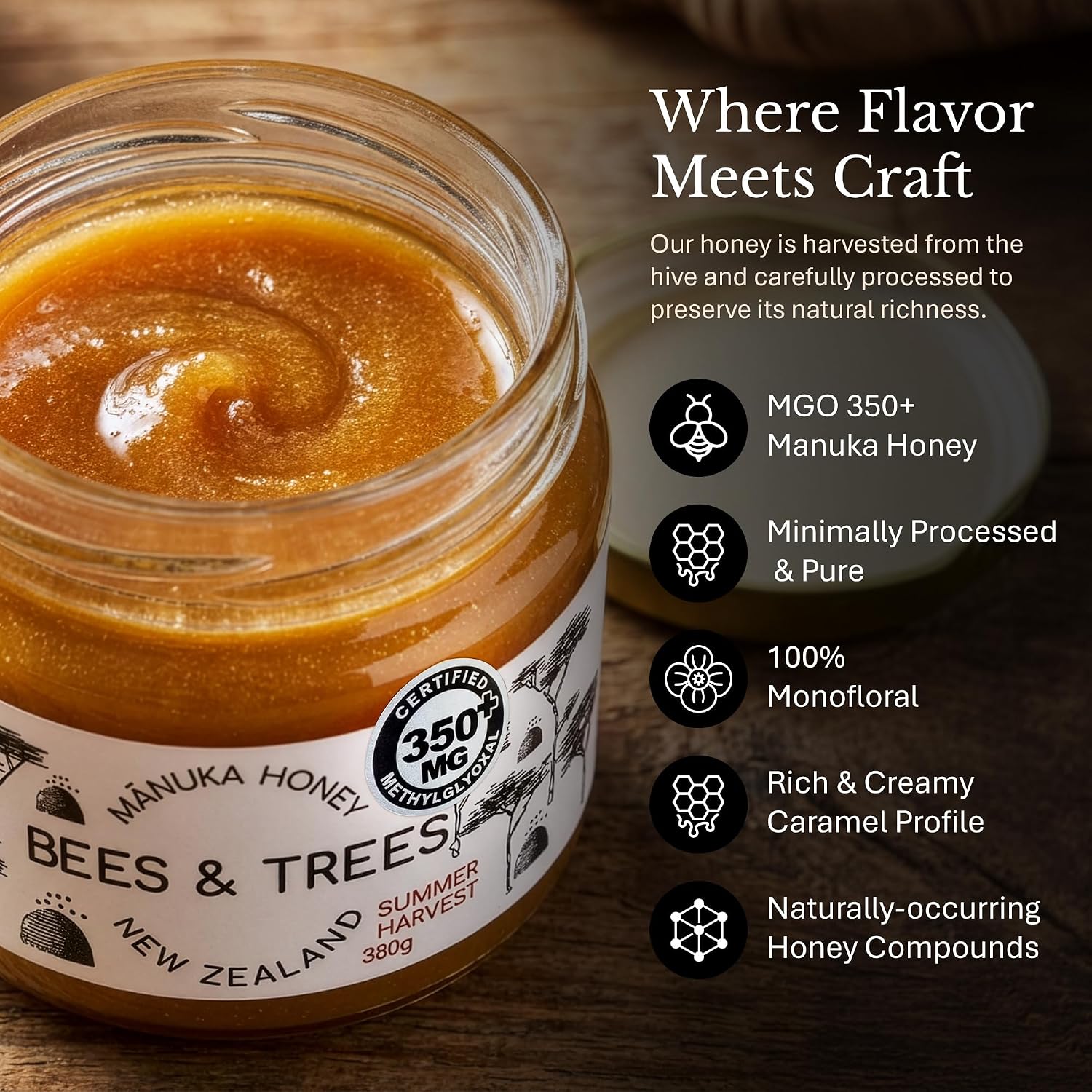 Bees & Trees Manuka Honey 550+ MGO - Raw Pure New Zealand Monofloral, 380g | Natural, Unpasteurized, Minimally Processed Mānuka Honey for Your Daily Routine, Tea, Coffee & Smoothies