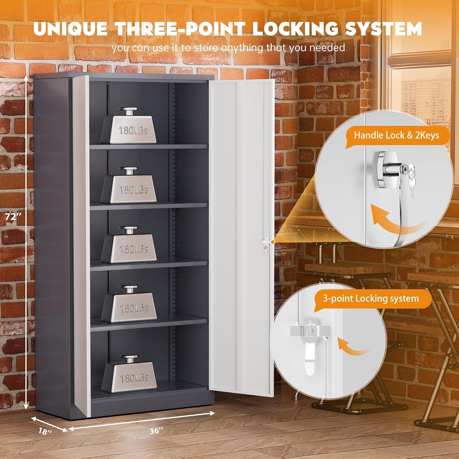 Greenvelly Steel SnapIt Storage Cabinet, 72" Locking Metal Garage Storage Cabinet with 4 Adjustable Shelves, 2 Doors and Lock for File, Office, Garage