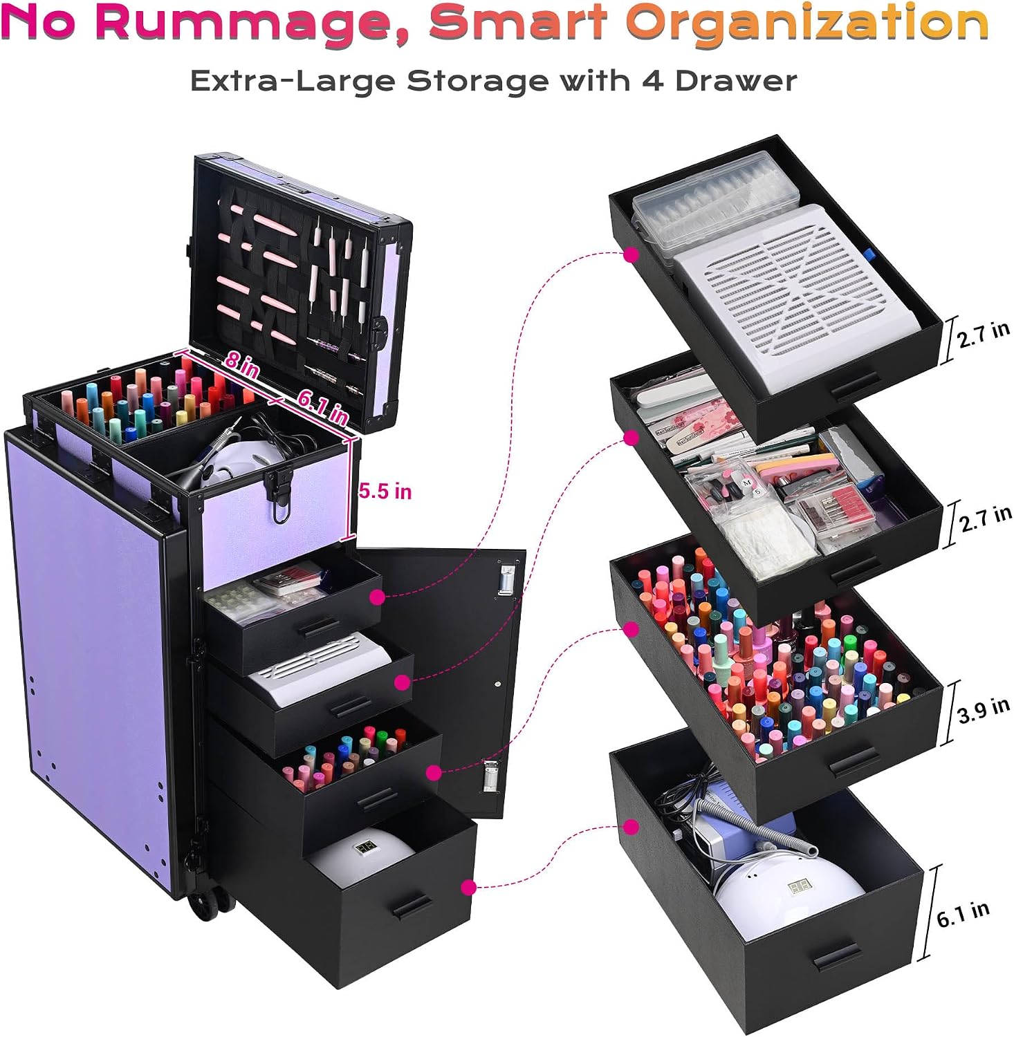 BYOOTIQUE Portable Nail Desk with 4 Storage Drawer Rolling Manicure Table