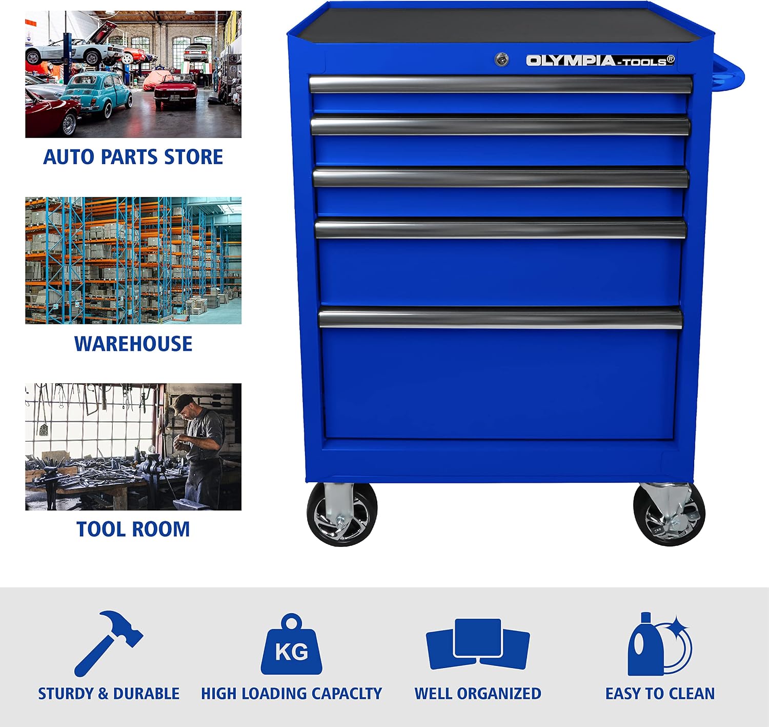 Olympia Tools 72 inch Heavy Duty Mobile Tool Chest Tool Box, with Solid Wood Top Workbench, 15-Drawer Rolling Tool Chest, Tool Storage Organizer for Garage, Workshop, and Home, Black