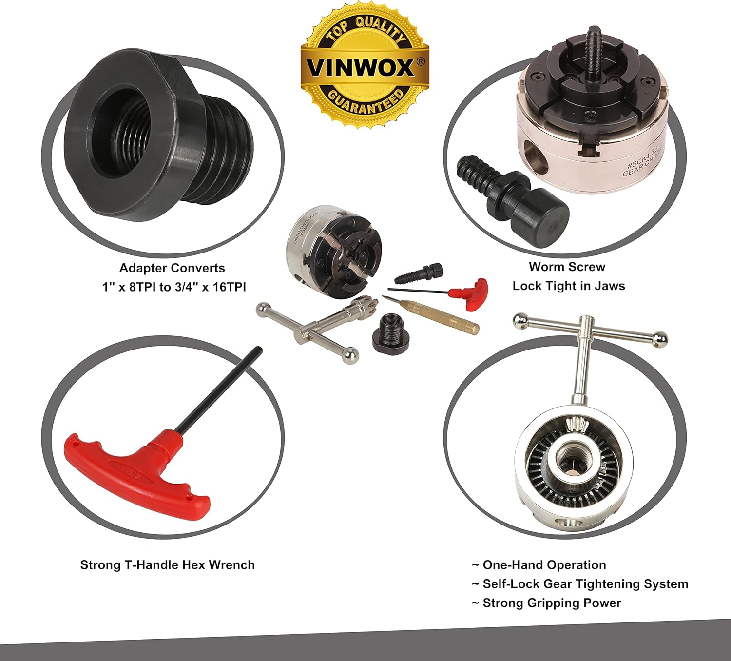 4INCH 4-Jaw Self-Centering Wood Lathe Chuck, 2" Round Jaw Mounted, 1"x8TPI thread & 3/4"x16TPI Adapter, T Allen Wrench, Screw Chuck, SCR4-4