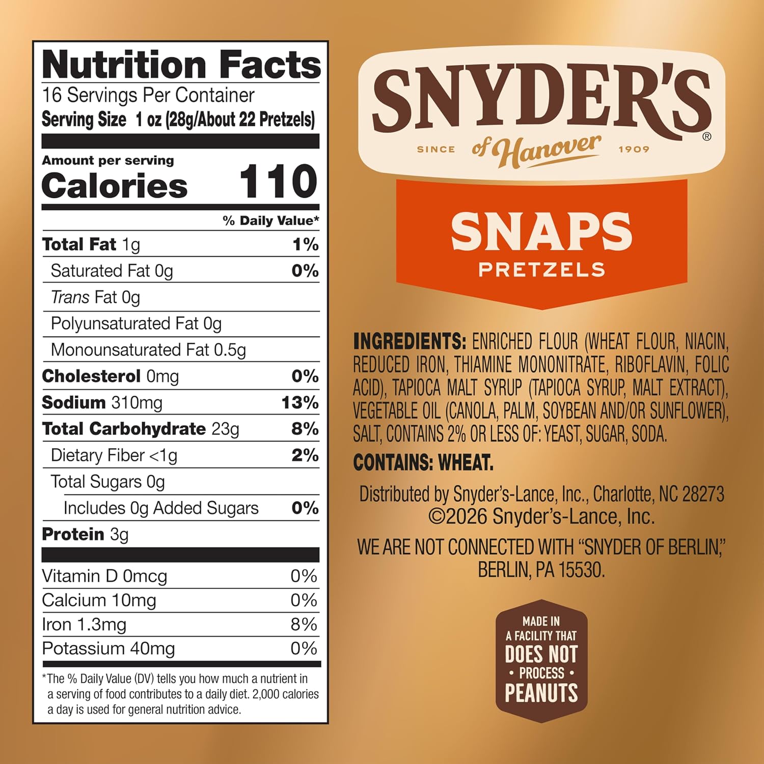 Snyder's of Hanover Snaps Pretzels, 16 Oz Bag
