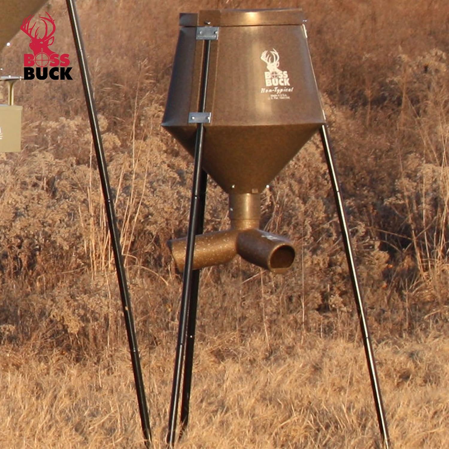 BOSS BUCK 350 LB Deer Feeder/Hunting Durable Lightweight Plastic UV Protected Windproof Waterproof Gravity Feed with Protein 3 Feed Tubes Head, Multi-Piece Round Legs | Protein 3 feed tubes head, Multi-Piece round legs