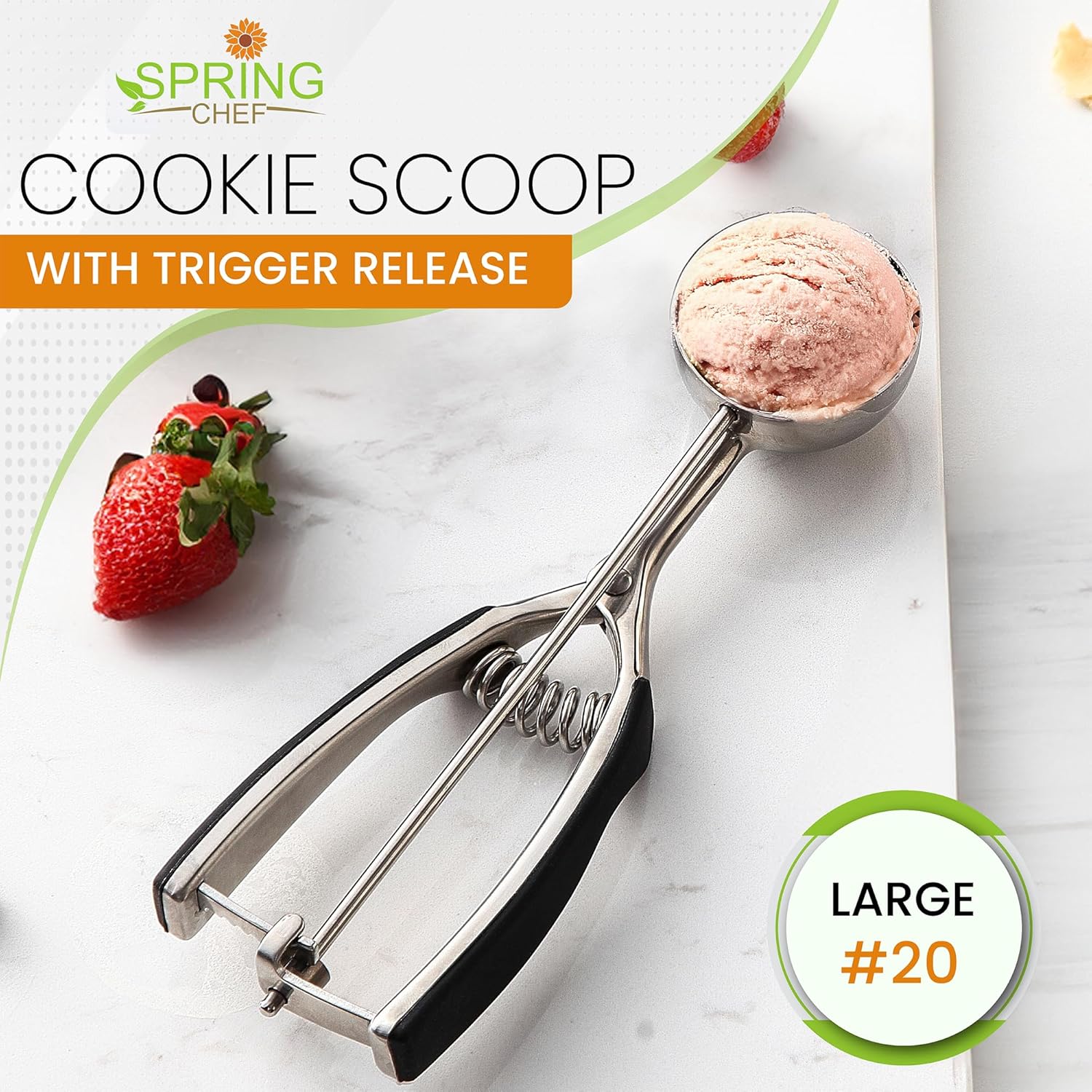 Spring Chef Medium Stainless Steel Cookie Scoop, #40, 1.7 Tablespoon, Black