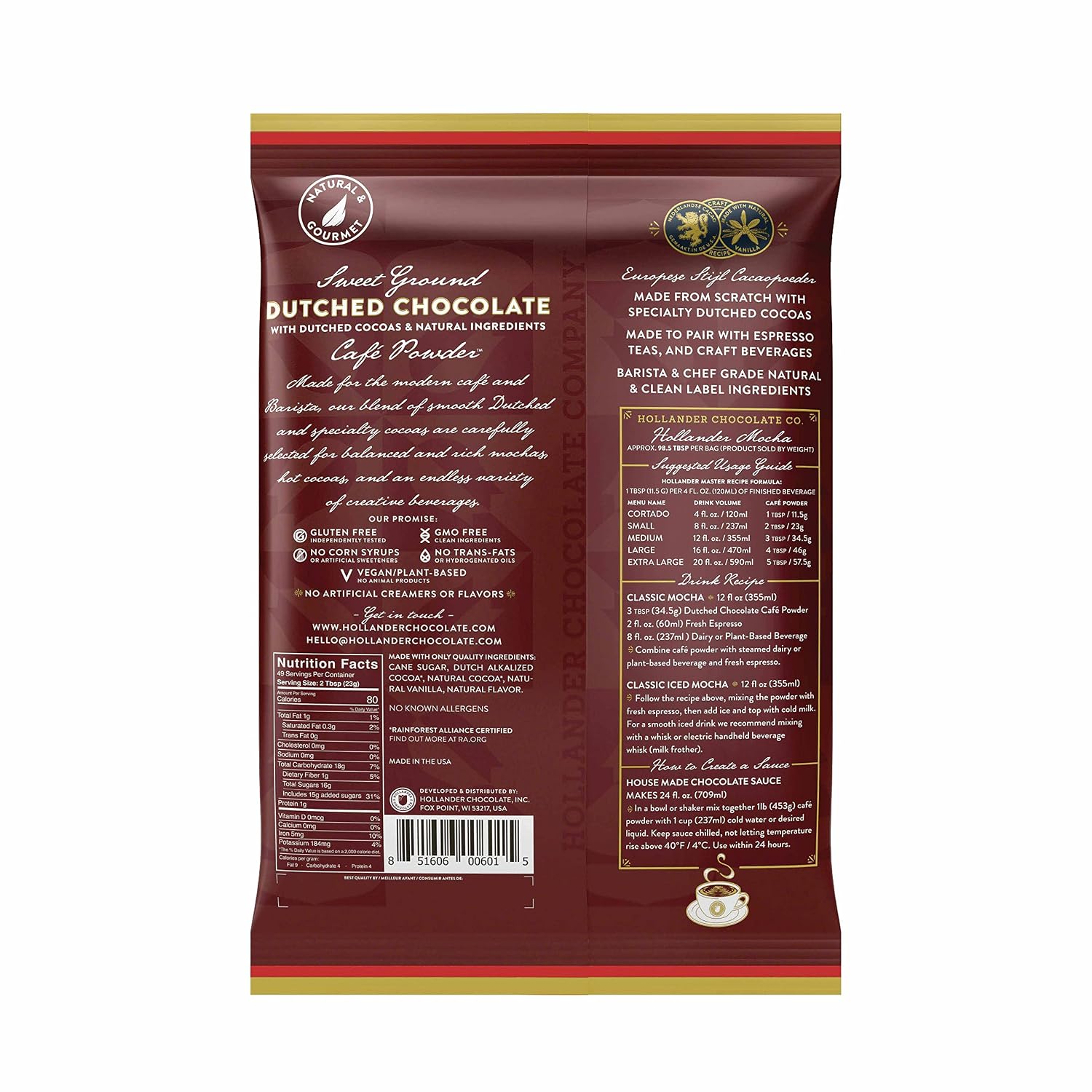 Hollander Sweet Ground Dutched Chocolate Powder | 2.5lb Bag | Beverage, Specialty Coffee Drinks