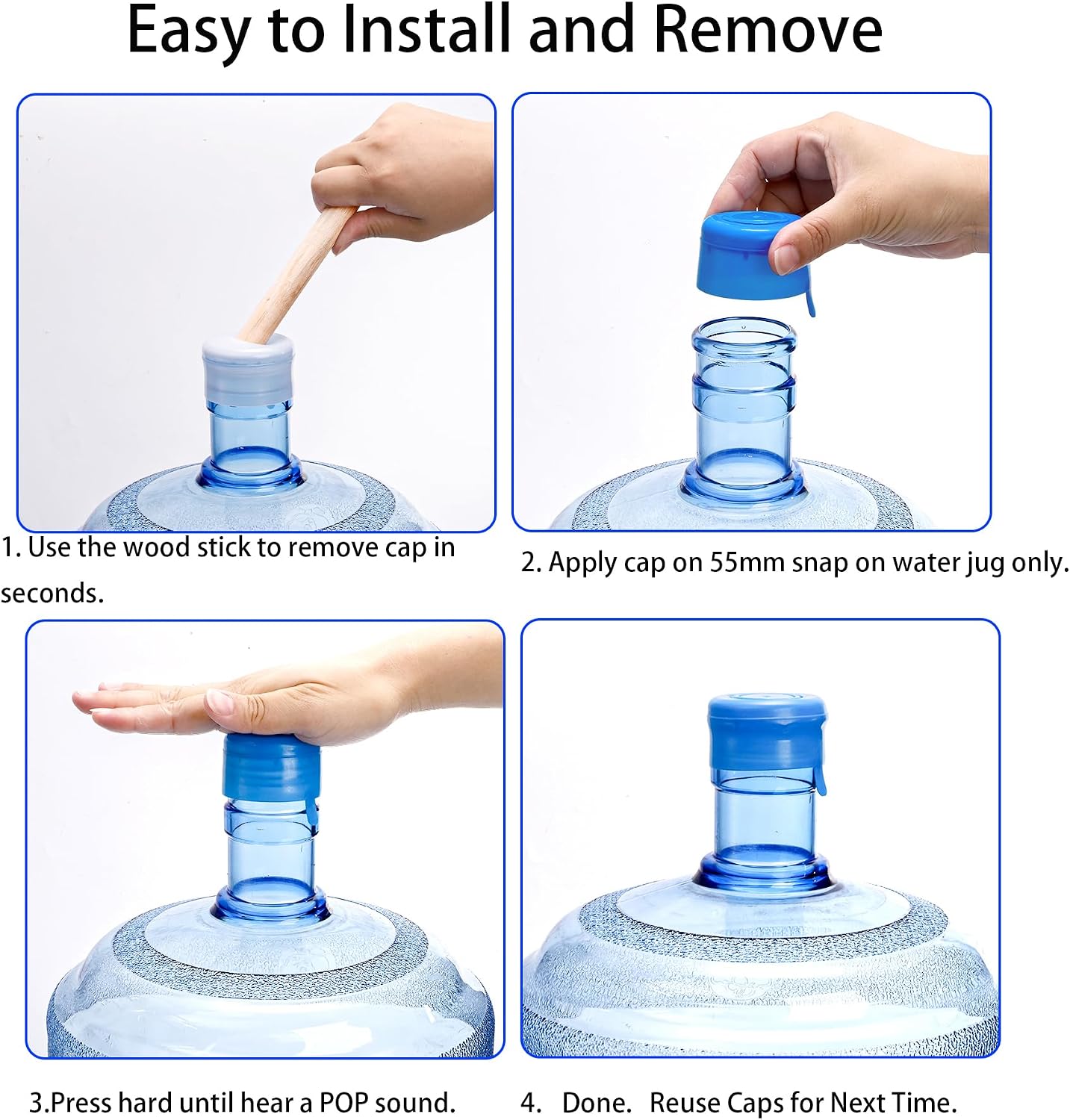 Jucoan 100 Pack Water Bottle Caps, 55mm 3&5 Gallon Non Spill Water Jug Caps, Replacement Snap On Caps for Water Dispenser Jugs