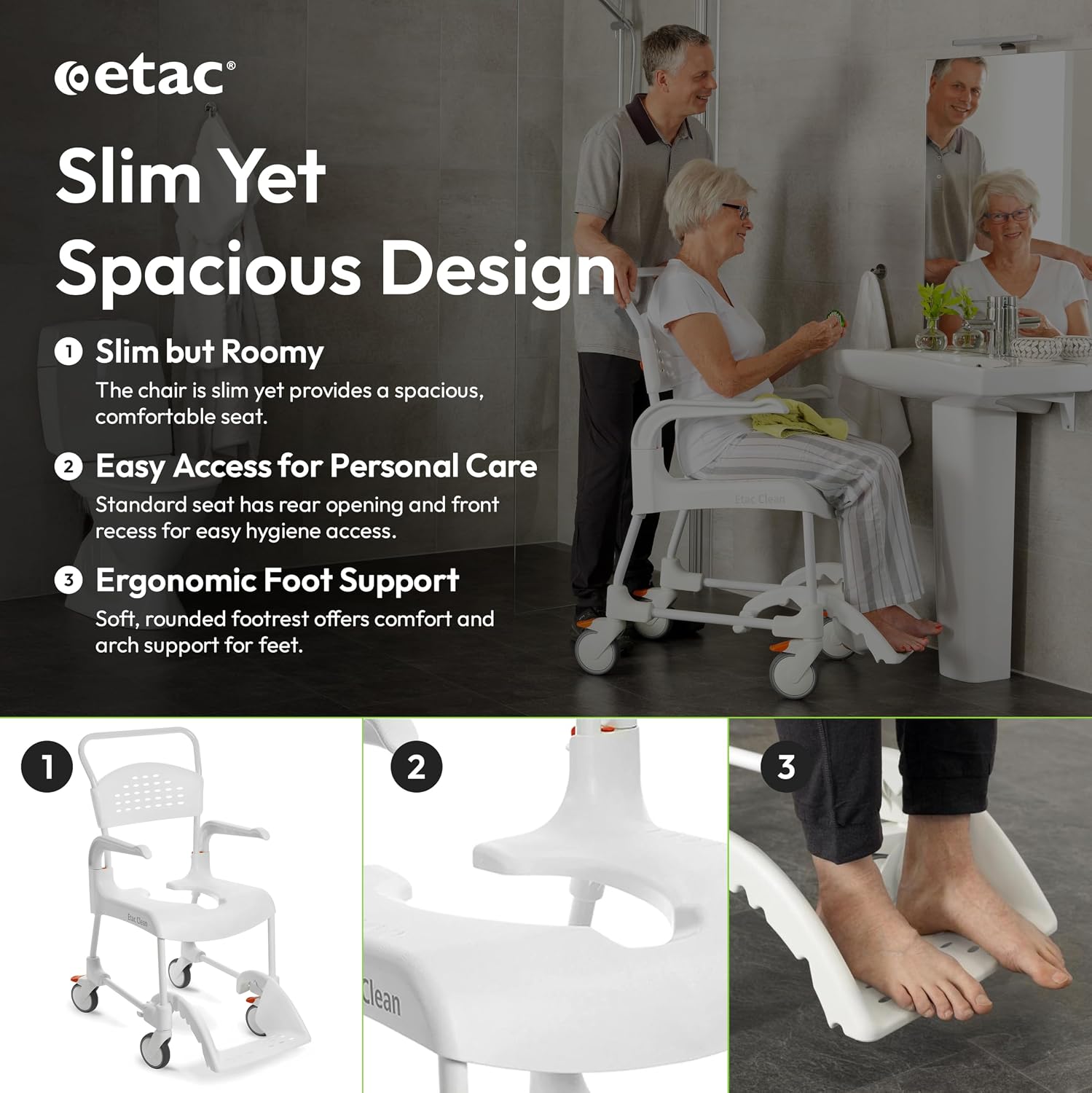 Etac Clean 24" Self-Propelled Shower Chair with Wheels - 21 3/4 Inch Fixed Height with 24 Inch Rear Wheels - Shower Wheelchair for Elderly and Disabled - Movable Armrest & Ergonomic Footrest
