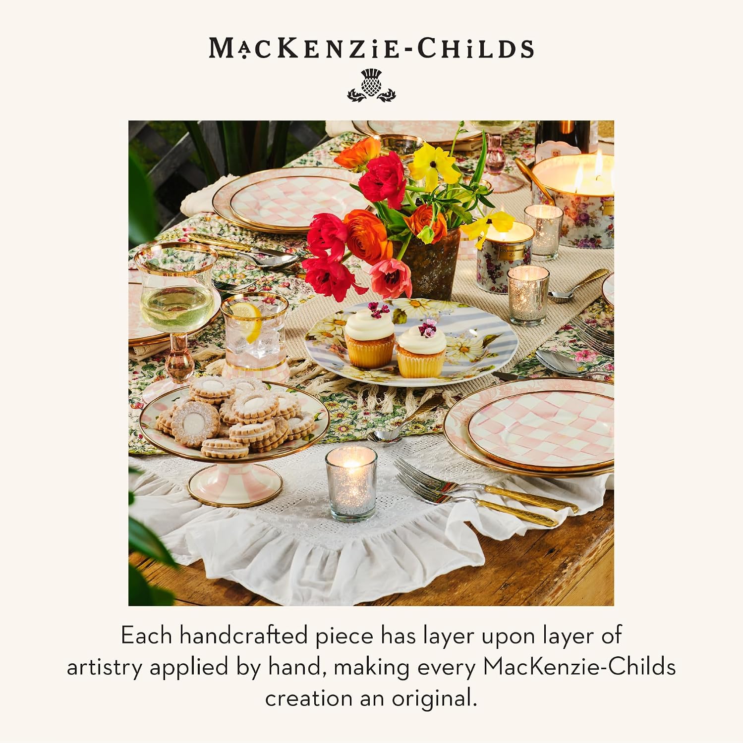 MACKENZIE-CHILDS Pedestal Platter, Mini, Black-and-White Courtly Check | Hand-painted design, made from enameled steel, stackable round cake stand for serving desserts, 8" dia. x 3" H