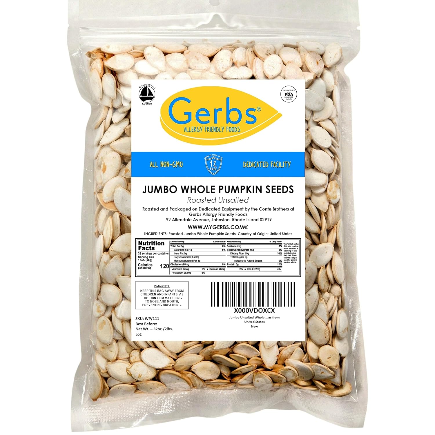 Gerbs Raw Whole Pumpkin Seeds 2 lbs. | In-Shell, 10.5 mm Size, Resealable Bag | Mildly Nutty & Crunchy | Top 14 Allergen-Free