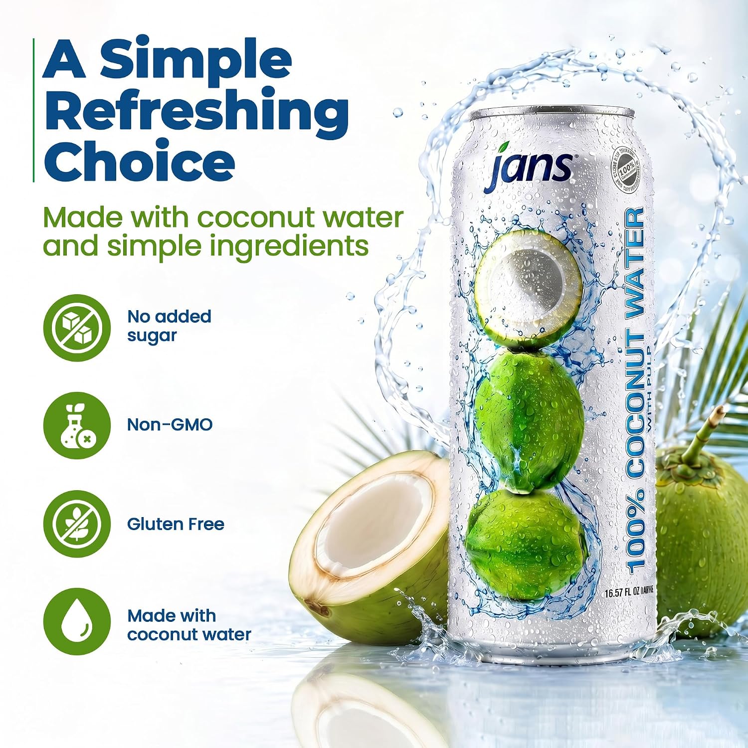 Jans 100% Coconut Water With Pulp, Unsweetened, 16.57 Fl Oz, Pack of 12