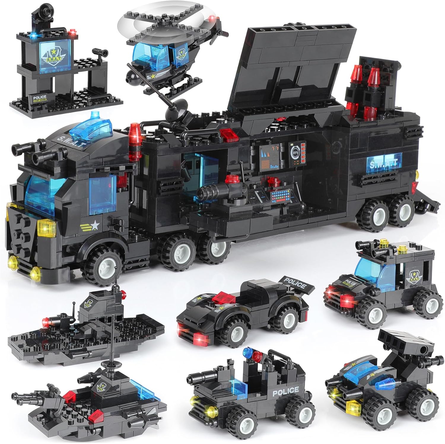 1110 PCS SWAT City Police Set Cop Car Building Set with Helicopter, Boat, Police Station, Mobile Command Center Truck Toys in 25 Different Models