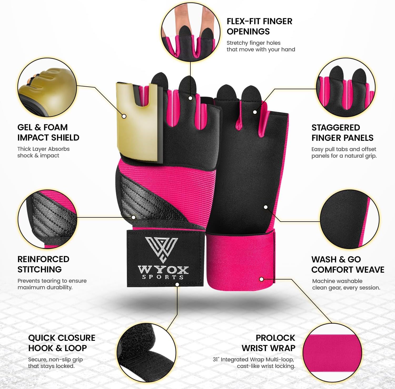 WYOX Neoprene Gel Boxing Hand Wraps Inner Gloves for Men & Women – 80cm/31in Quick Wrist Strap, Padded Knuckle Protection