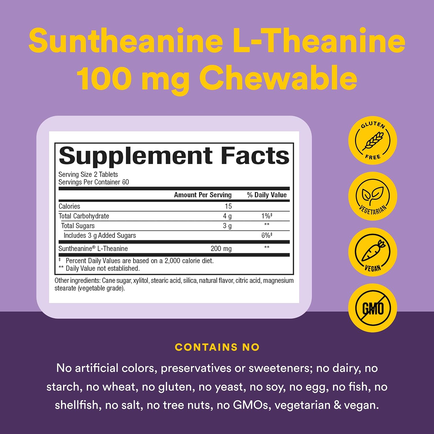 Natural Factors Suntheanine L-Theanine 100 mg - Health Supplement for Calm Outlook - L-Theanine Supplement Supports Relaxing Sleep & Aids Against Drowsiness - 60 Chewable Tablets (30 Servings)