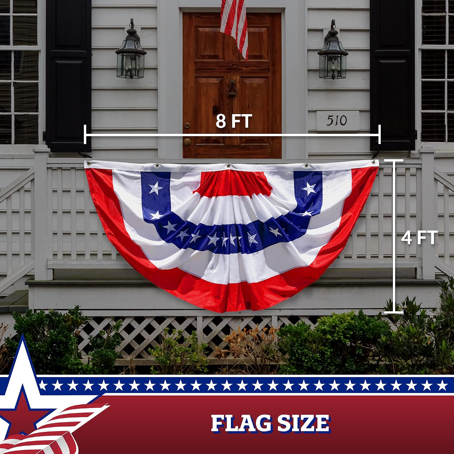 G128 - USA Pleated Fan Flag, 4x8 Feet American USA Bunting Decoration Flags Embroidered Patriotic Stars & Sewn Stripes Canvas Header Brass Grommets