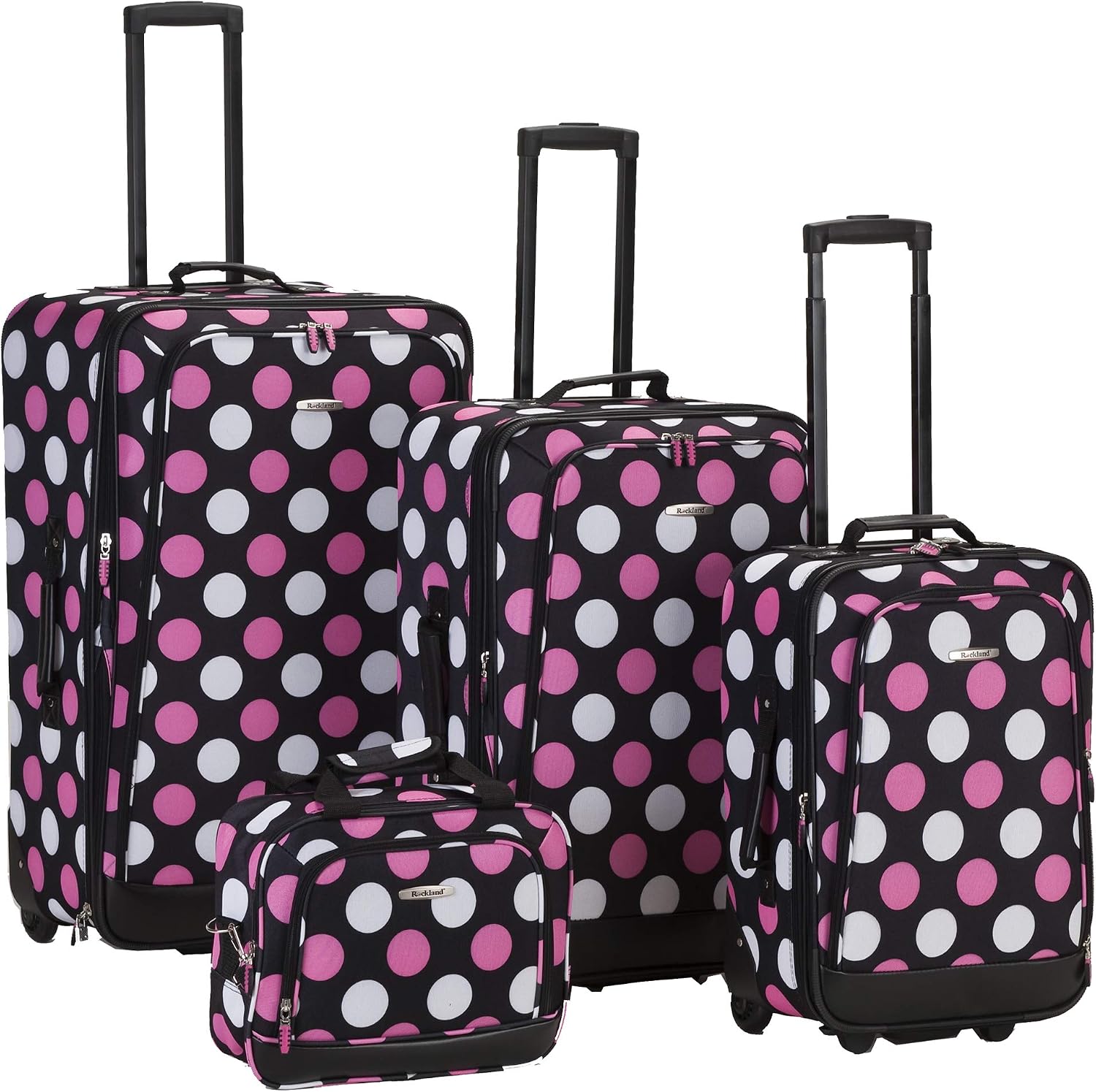 Rockland Fashion Softside Upright Luggage Set,Expandable, Telescopic Handle, Wheel, Black Dot, 2-Piece (14/19)