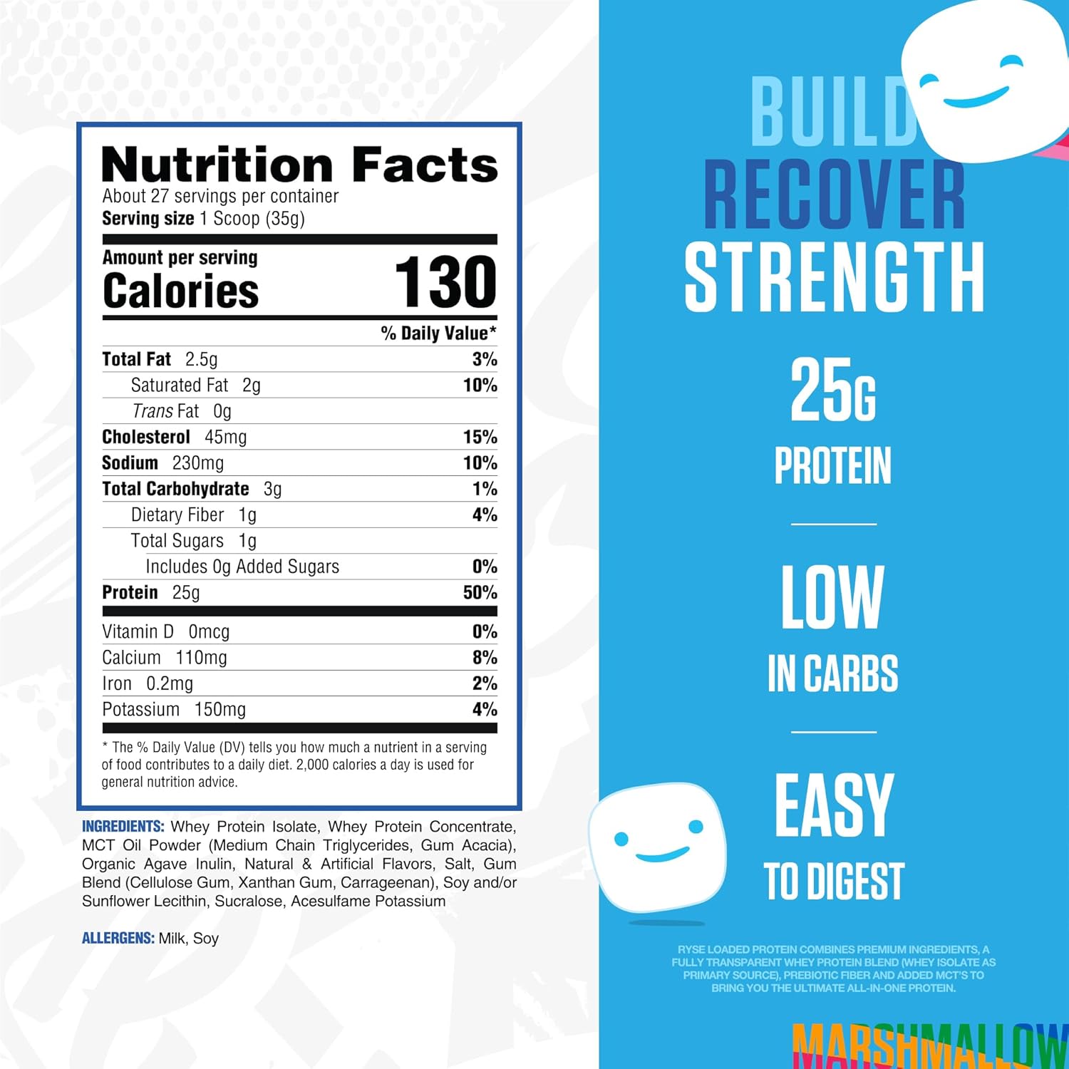 RYSE Loaded Protein Powder - Peanut Butter Cup - 25g Whey Protein Isolate & Concentrate with Prebiotic Fiber & MCTs - Low Carb, Low Sugar