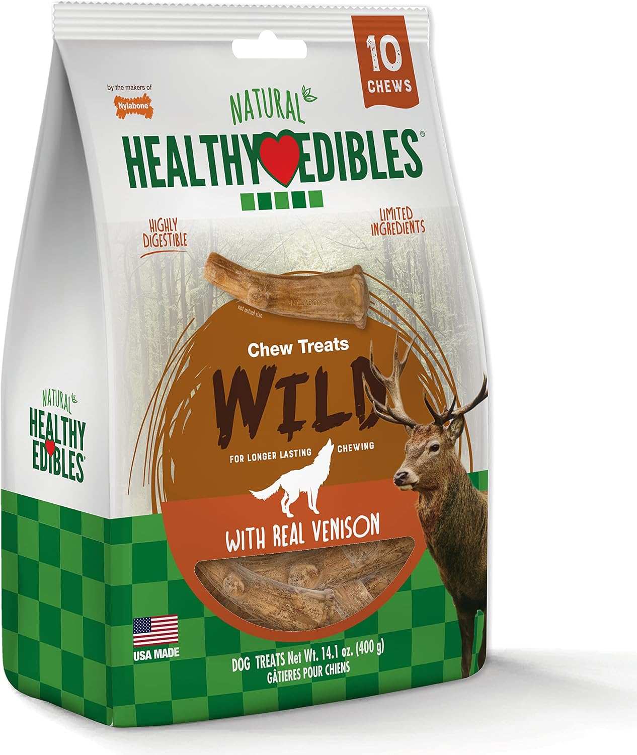 Nylabone Healthy Edibles Wild Dog Treats, Venison Flavor, Large | Natural dog chew bones, made in USA, highly digestible dog chews, long lasting chews for large dogs up to 50 lbs