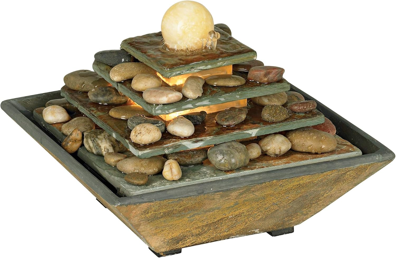 Pyramid 10" High Feng Shui Ball Lighted Table Indoor Small Fountain | Zen Modern Decor Slate Stone Tabletop with Light Waterfall Rock Water Feature for Desk Relaxation Bedroom Living Room